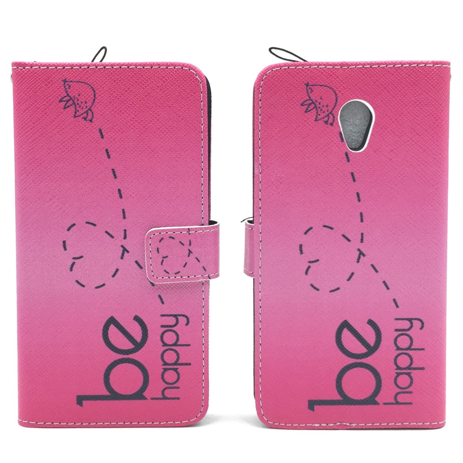 Rosa Handyhülle, offen, mit den Worten "be happy" und einem gepunkteten Design.