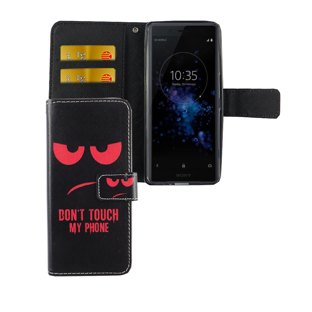 Schwarze Handyhülle mit roten Augen und dem Text 'DON'T TOUCH MY PHONE'. Das Telefon ist offen.