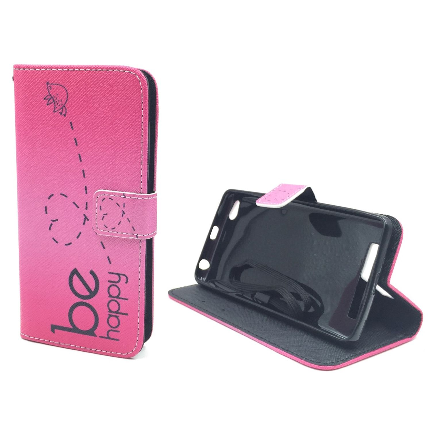 Geöffnete pinke Handyhülle mit Erdbeer-Grafik und dem Schriftzug „be happy“.