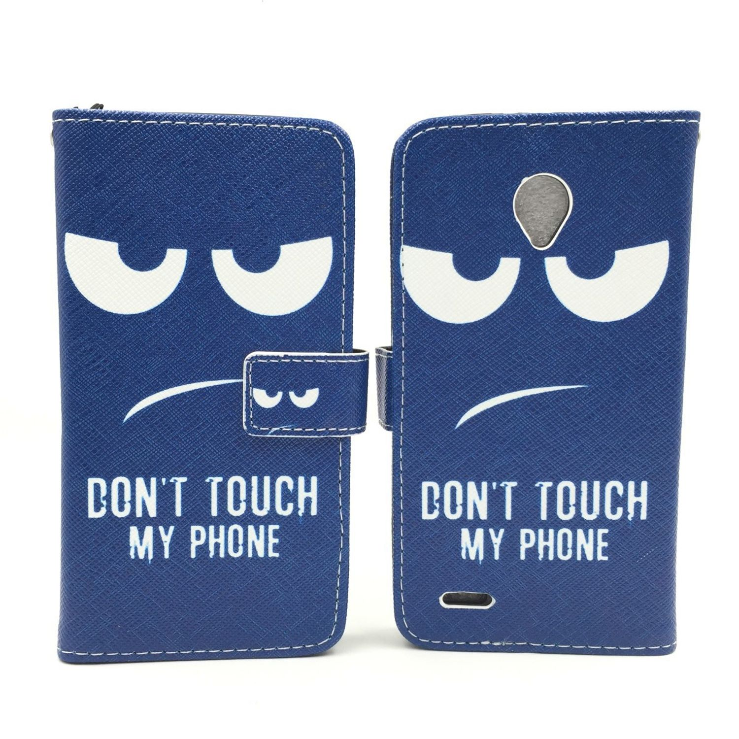 Blaue Handyhülle mit wütenden Augen und dem Text 'DON'T TOUCH MY PHONE'.