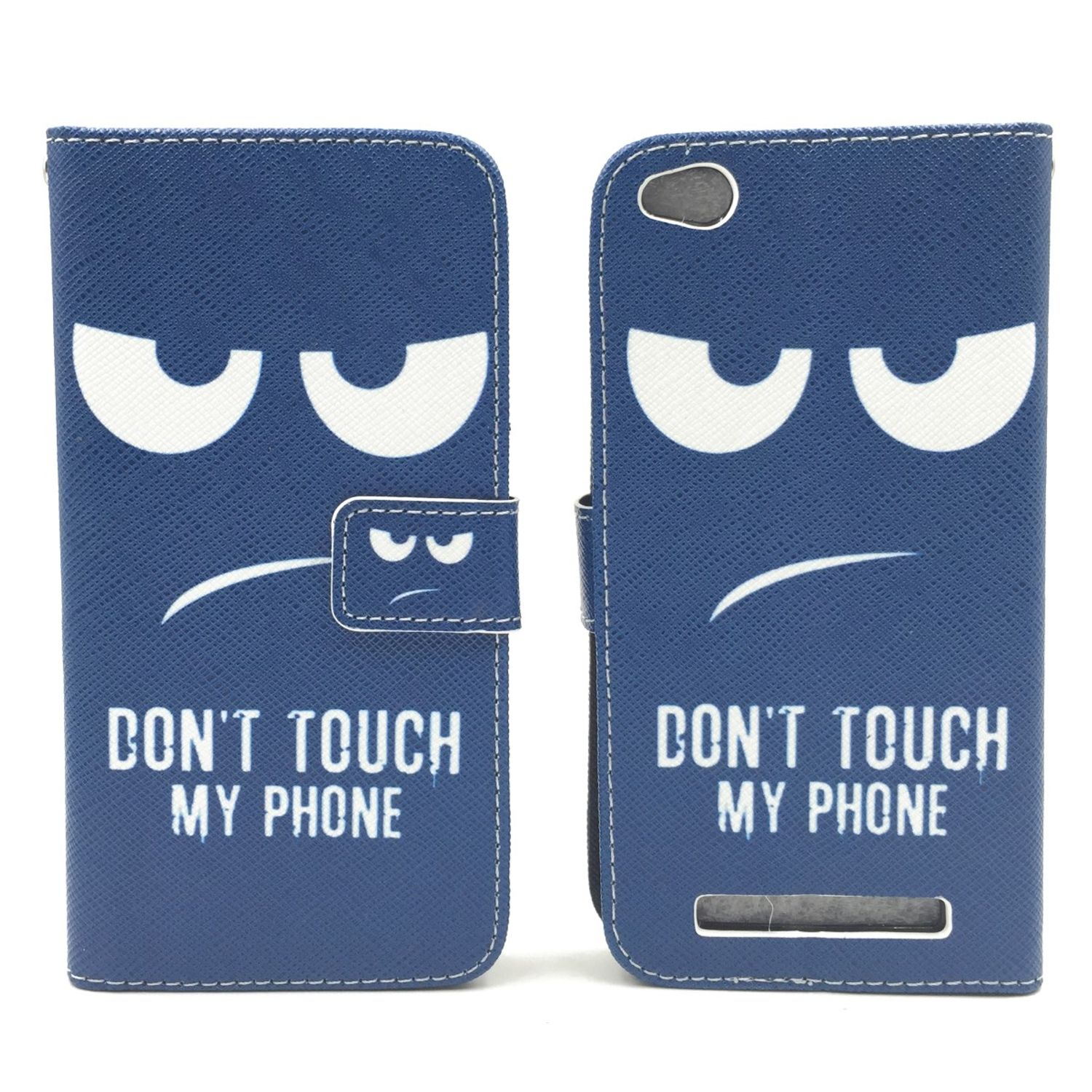 Blaue Handyhülle mit wütendem Gesicht. Text: 'DON'T TOUCH MY PHONE'. Weißer Hintergrund.