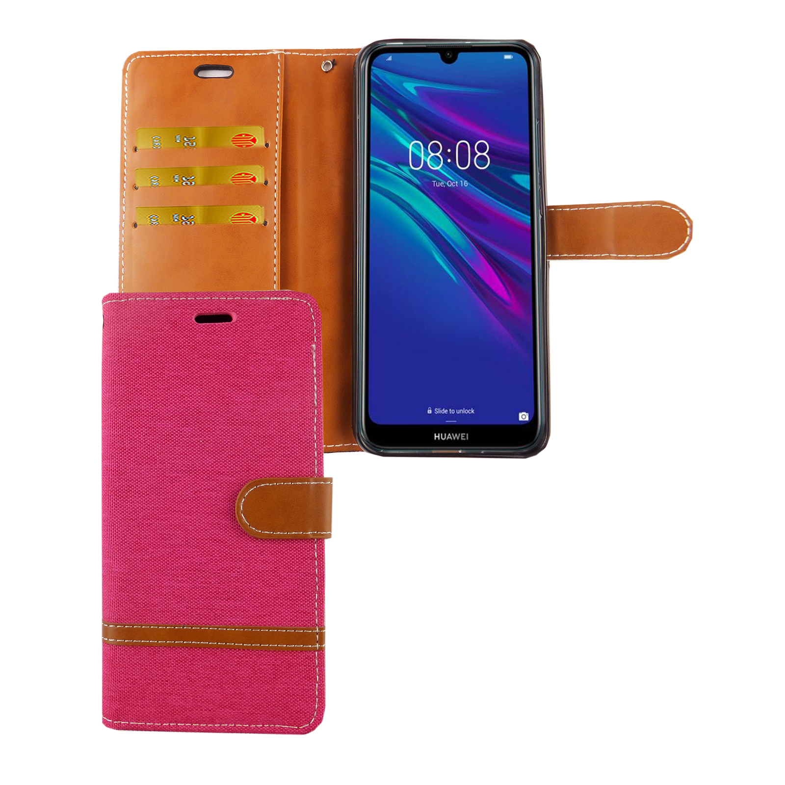 Rosa und braune Handyhülle, mit einem Telefon im Inneren, geöffnet. Drei Kartenfächer sichtbar. Weißer Hintergrund.