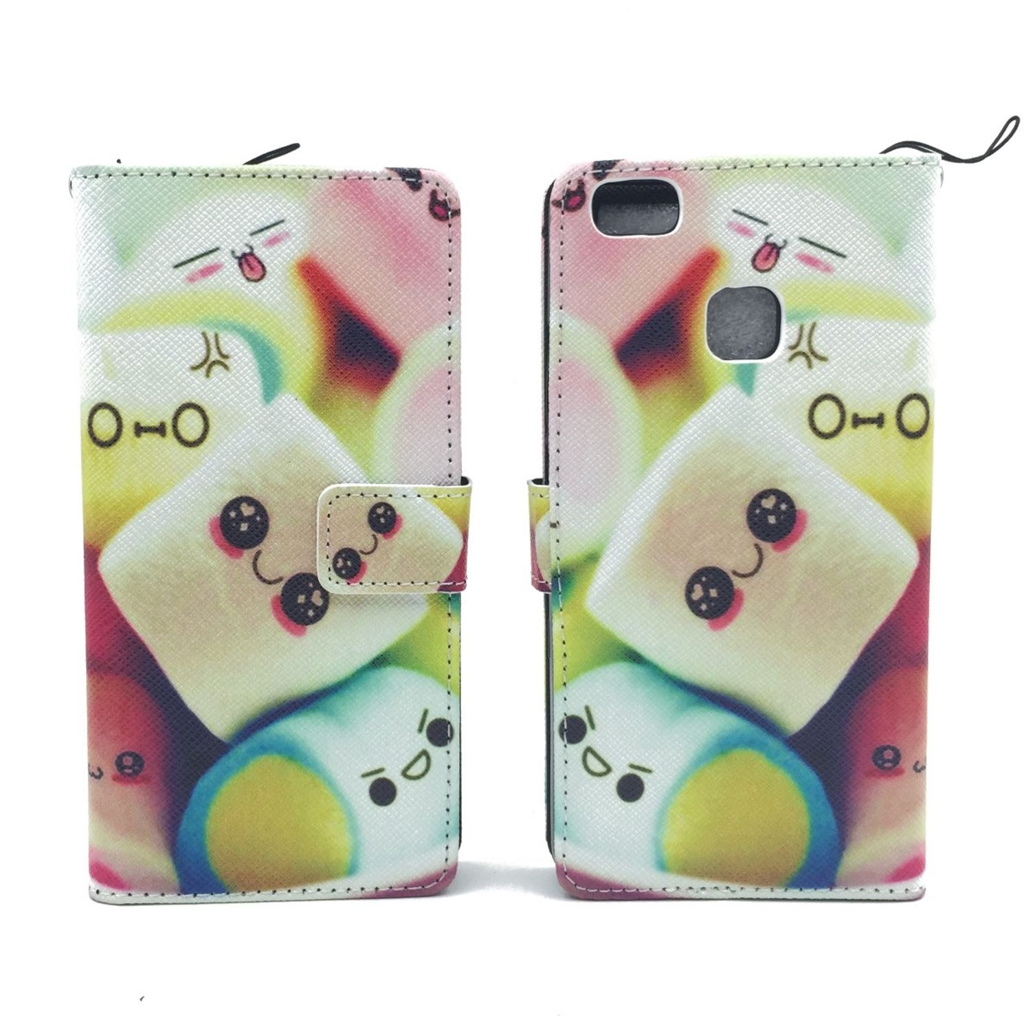 Handyhülle mit Marshmallow-Design. Zwei Seiten werden gezeigt. Weißer Hintergrund.