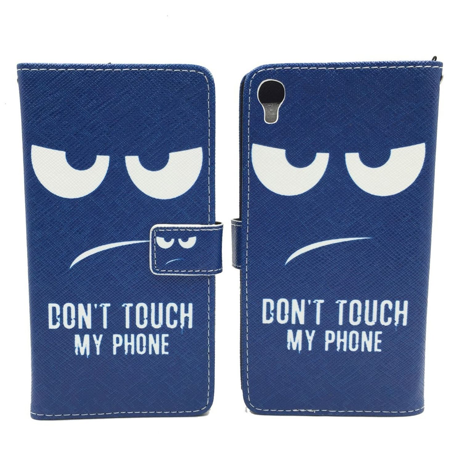 Blaue Handyhülle mit wütendem Gesicht und dem Text 'DON'T TOUCH MY PHONE'.