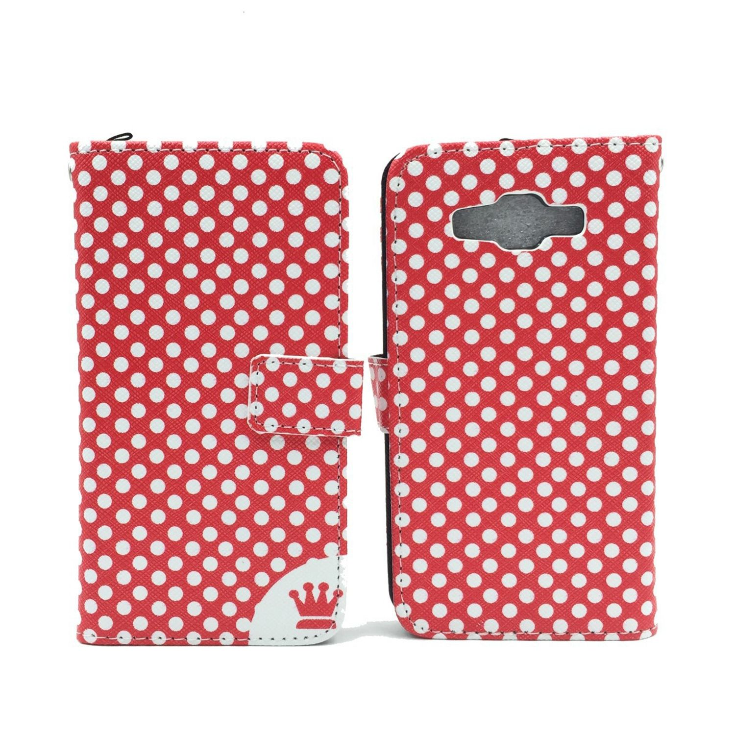Rote und weiße Polka-Dot-Handyhülle, offen, mit Kronen-Design am Verschluss.