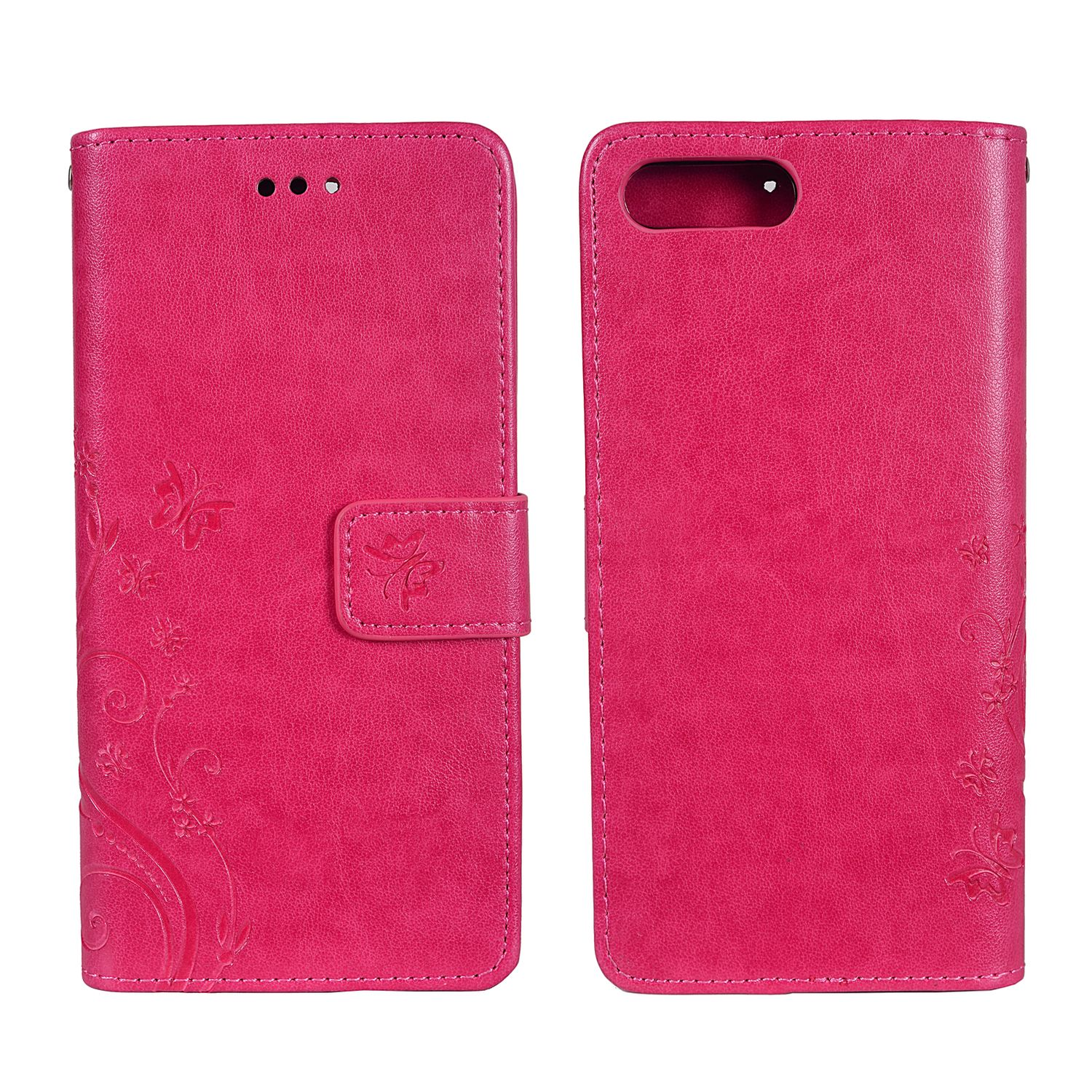 Rosa Handyhülle mit geprägtem Blumendesign, geöffnet. Ein Verschluss ist sichtbar. Detailliertes Design.