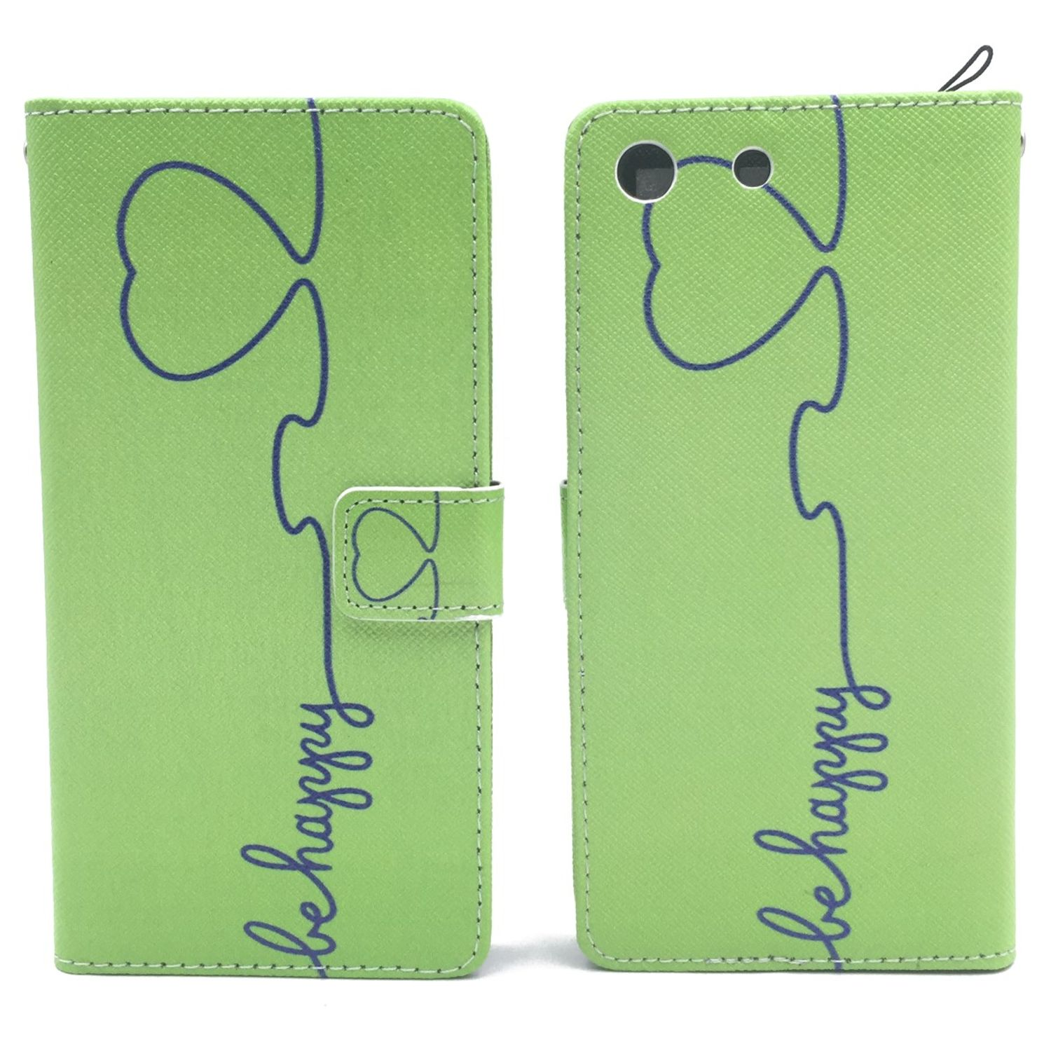 Grüne Handyhülle mit Herzdesign und dem Schriftzug 'be happy'. Die Hülle ist geöffnet.