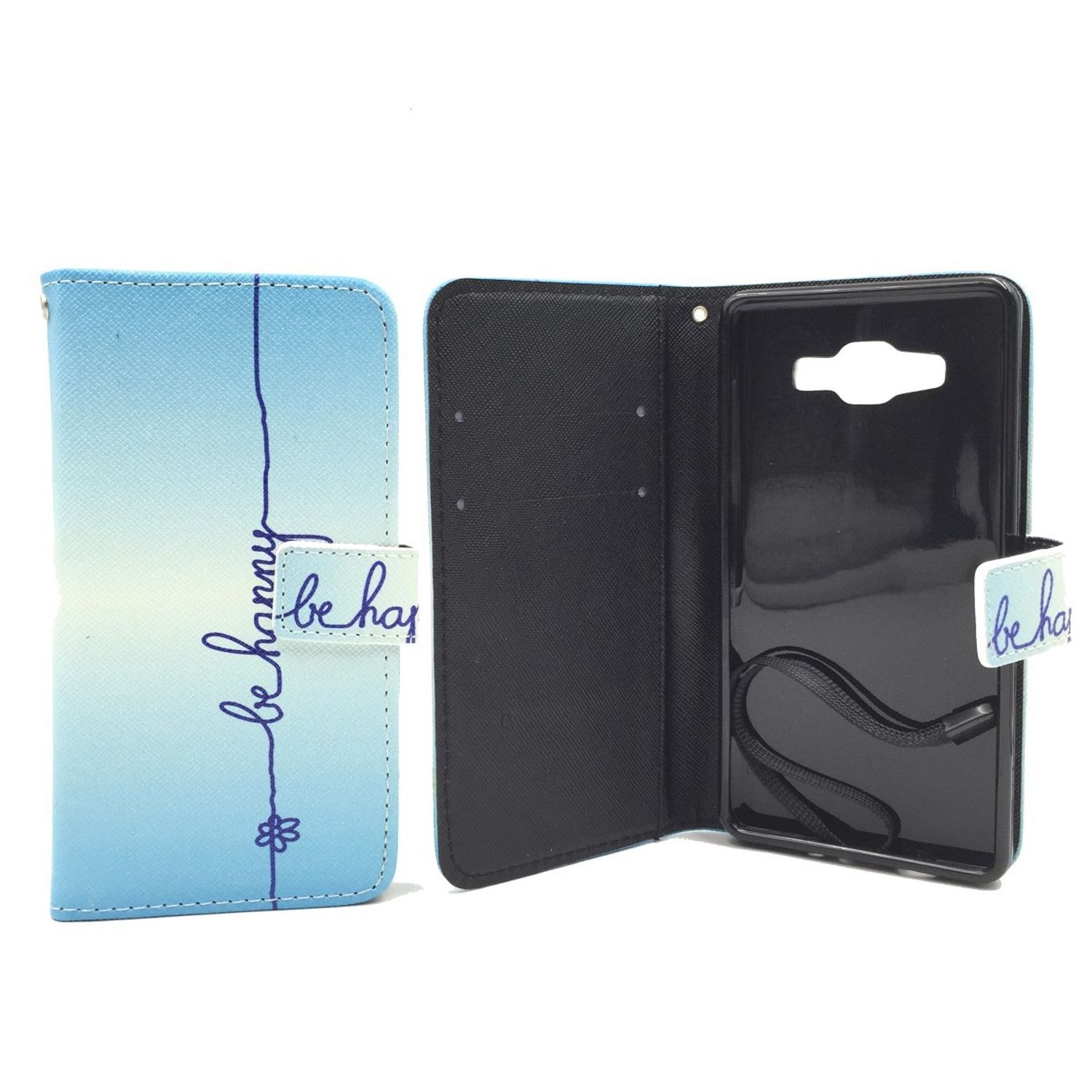 Blau-hellblaue Handyhülle. Das Telefon ist sichtbar und hat die Worte 'be happy' darauf.