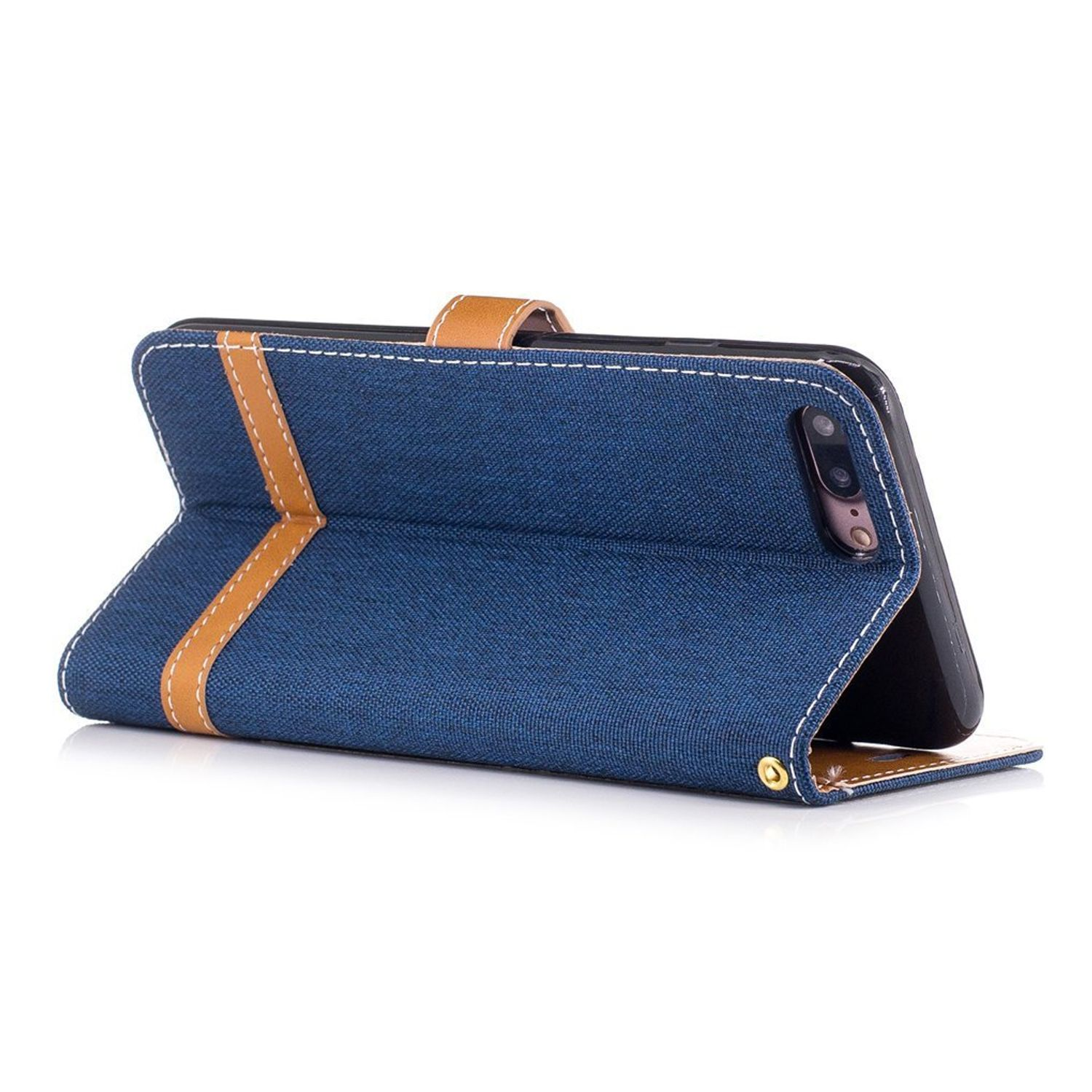 Geöffnete blaue Jeans-Handyhülle. Zeigt Telefon mit braunem Riemen, weiße Nähte, weißer Hintergrund.