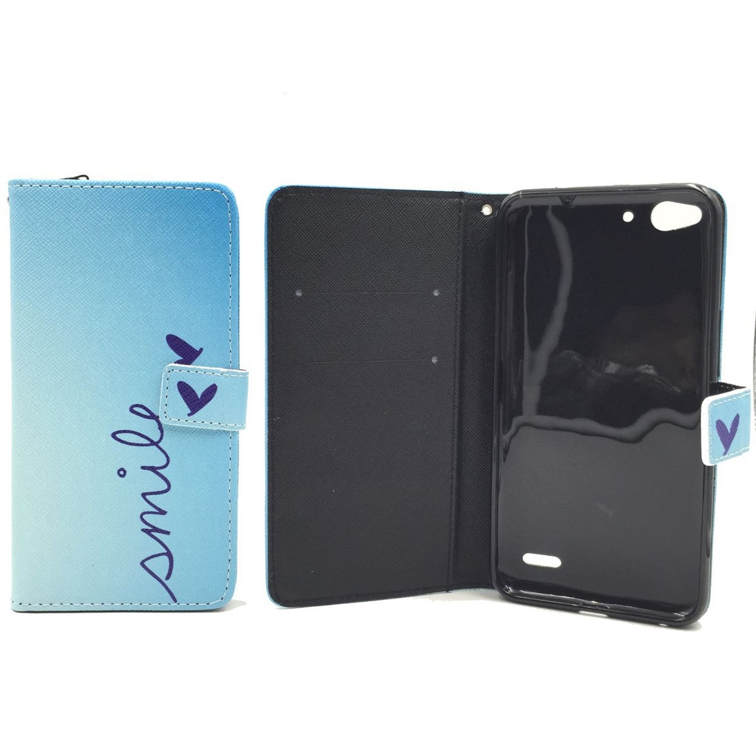 Blau-violette Handyhülle, offen und geschlossen. Das Etui hat das Wort 'Lächeln' und ein Herz.