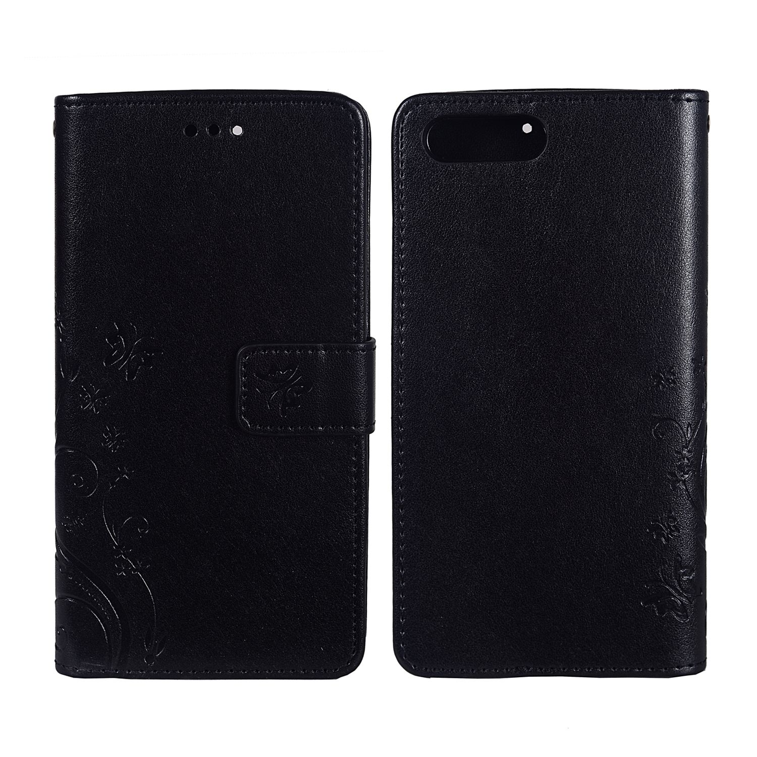 Schwarze Handyhülle, geöffnet, mit floralem Design. Innenraum bietet Platz für ein Telefon.