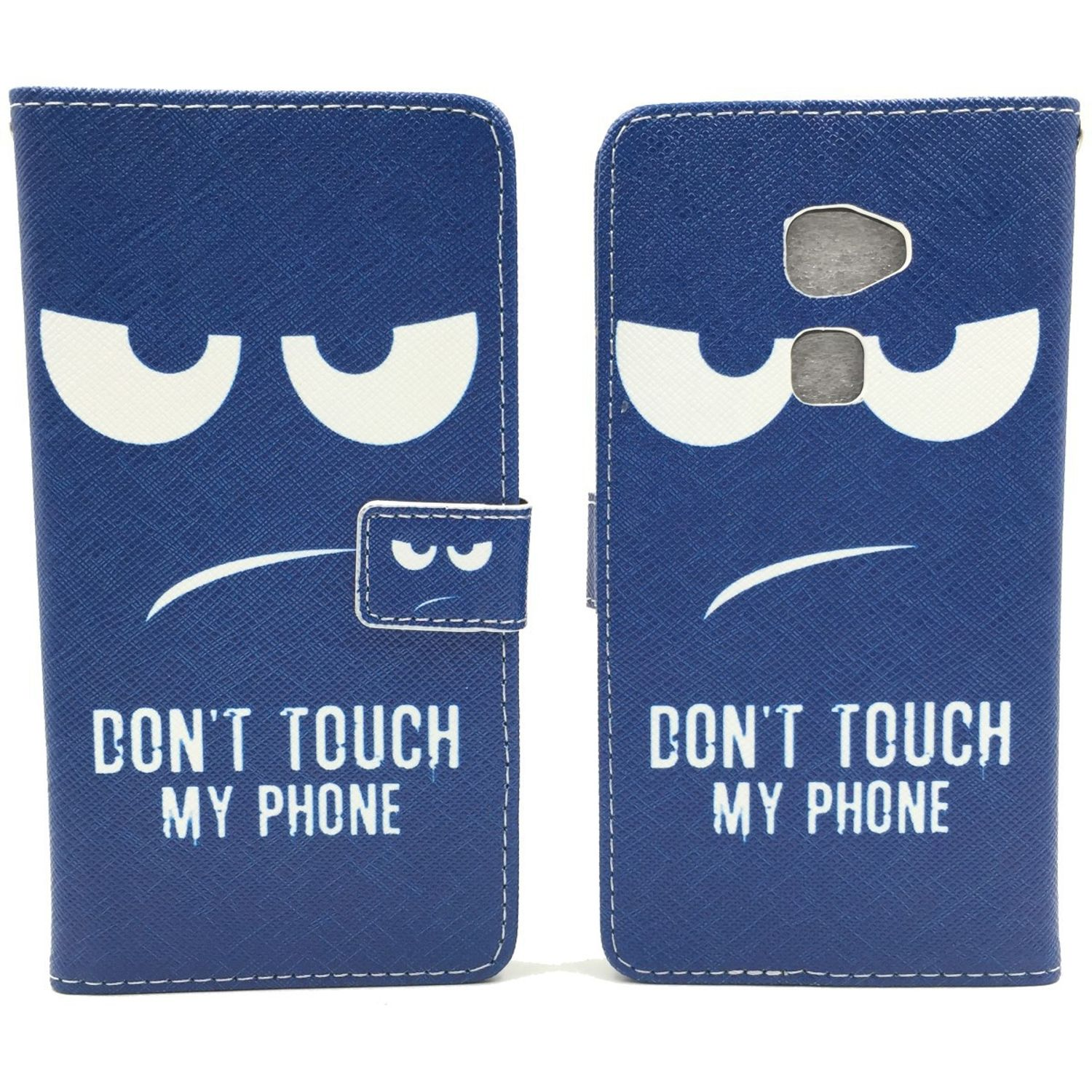 Eine blaue Handyhülle mit einem Cartoon-Gesichtsdesign und dem Text 'DON'T TOUCH MY PHONE'.