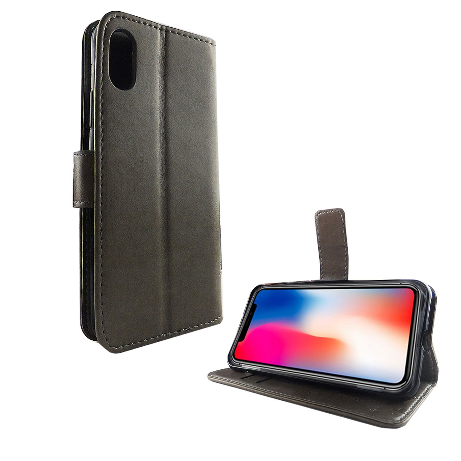 Geöffnete Handyhülle, mit Telefon. Dunkelgrau. Weißer Hintergrund.