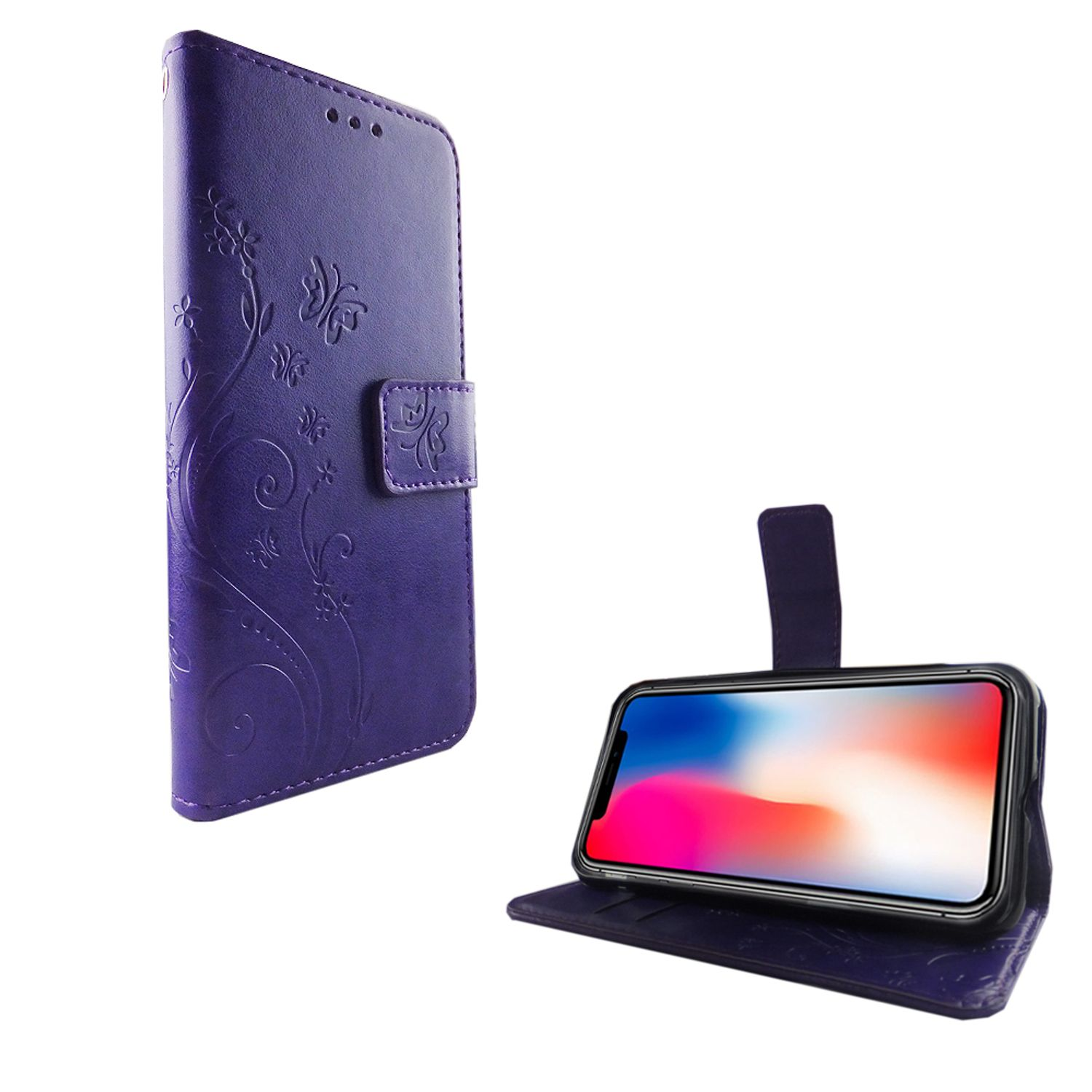 Lila Handyhülle mit einem Telefon darin. Blumen, ein Knopf und ein Telefon. Weißer Hintergrund.