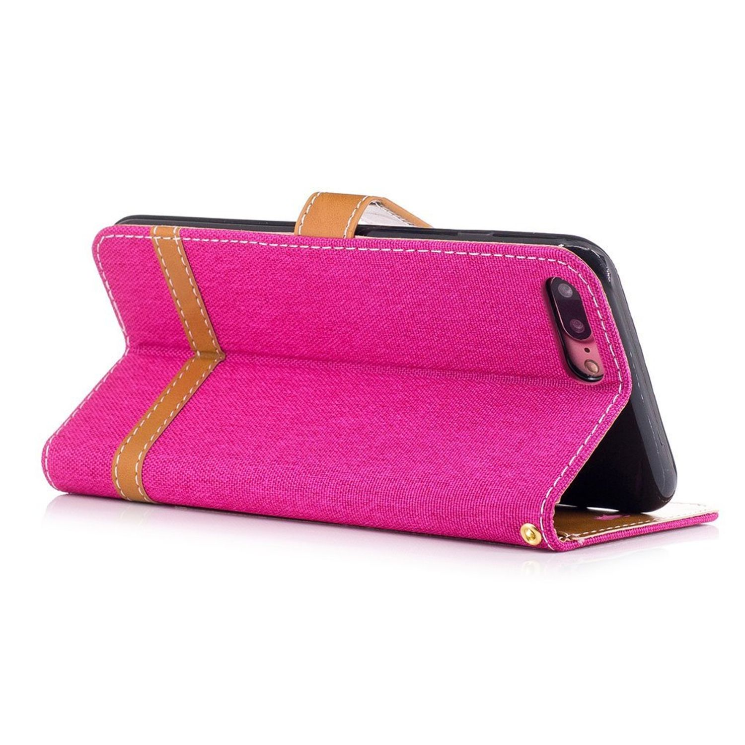 Eine rosa Handyhülle, offen, mit einem Telefon darin.