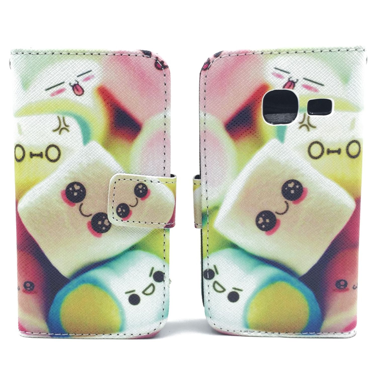 Handyhülle mit Cartoon-Marshmallow-Design. Geöffnet, zeigt ein Telefon im Inneren.