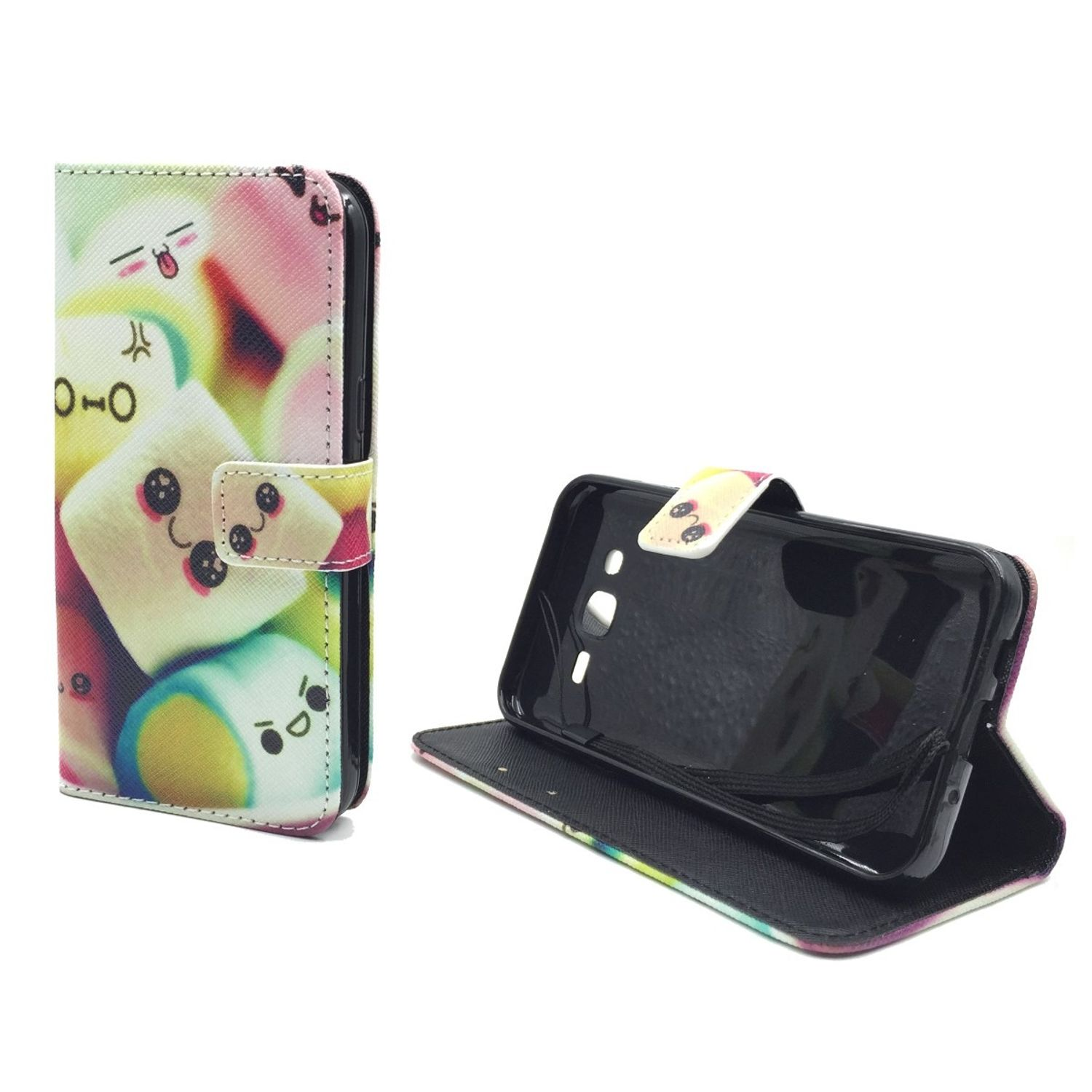 Handyhülle mit Marshmallow-Design, offen mit Handyhülle und schwarzem Handy innen.