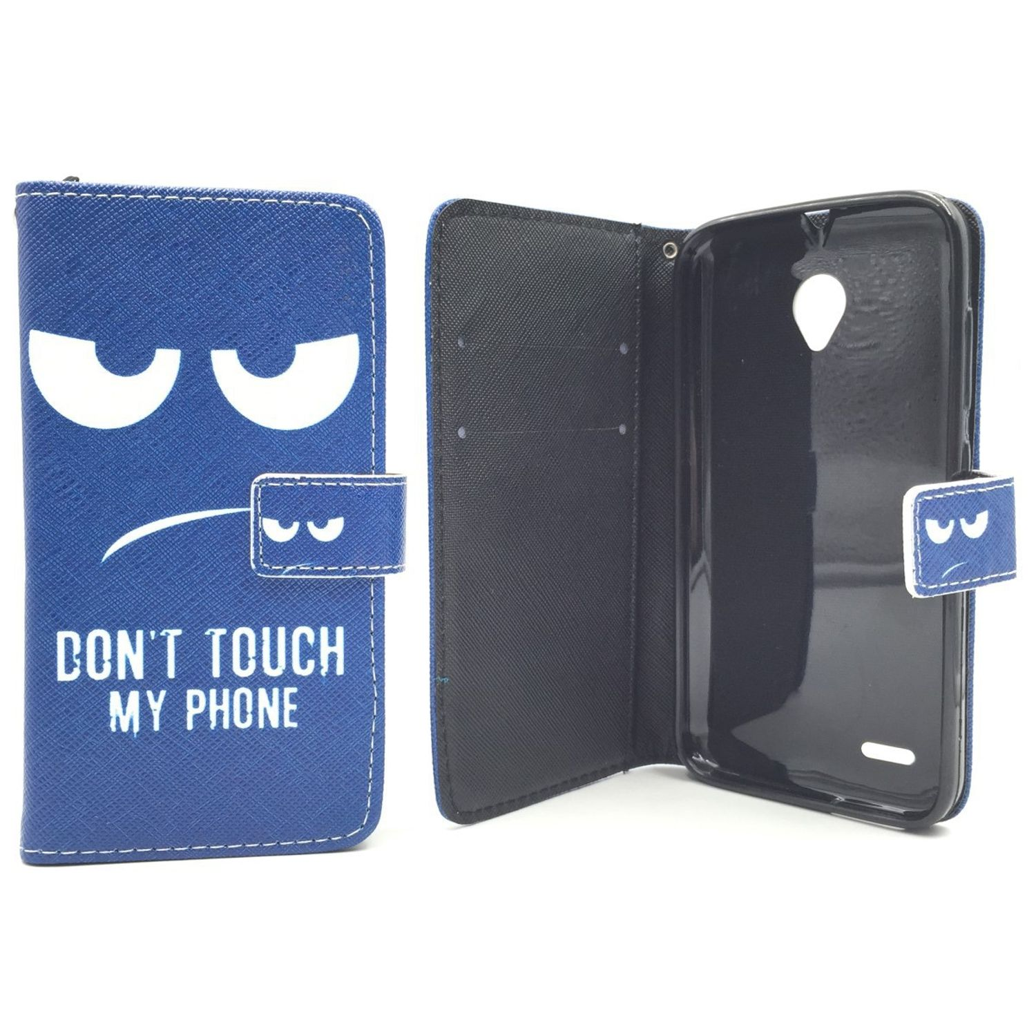 Blaue Handyhülle mit Gesicht und Text "DON'T TOUCH MY PHONE". Geöffnet, um das schwarze Innere zu zeigen.