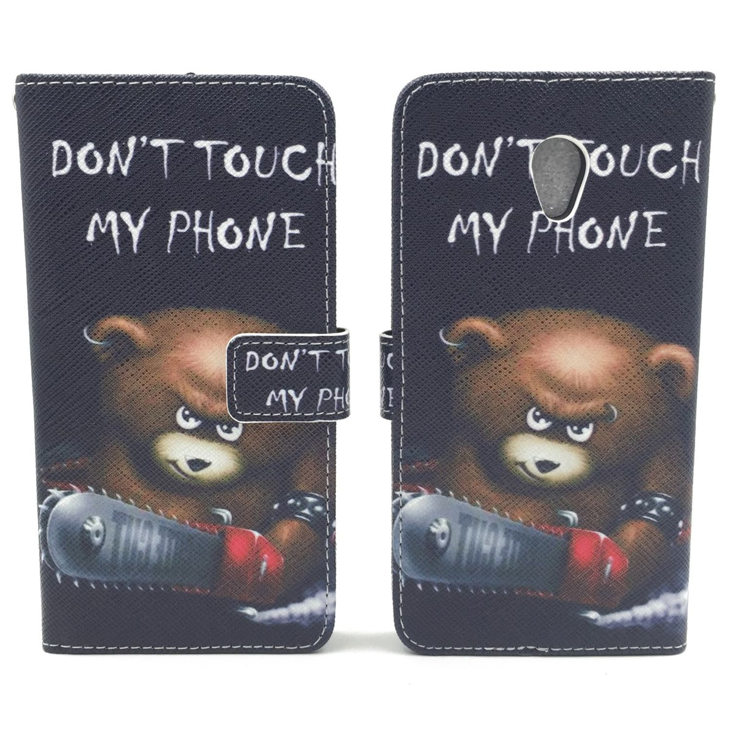 Handyhülle mit Bär und Kettensäge. Text: „FASS MEIN HANDY NICHT AN“.