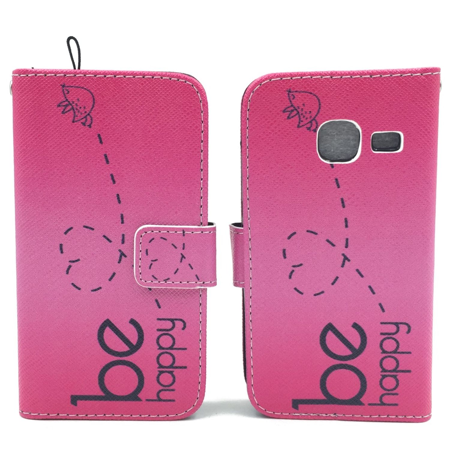 Rosa Handyhülle mit 'be happy' Aufdruck und Erdbeerdesign.