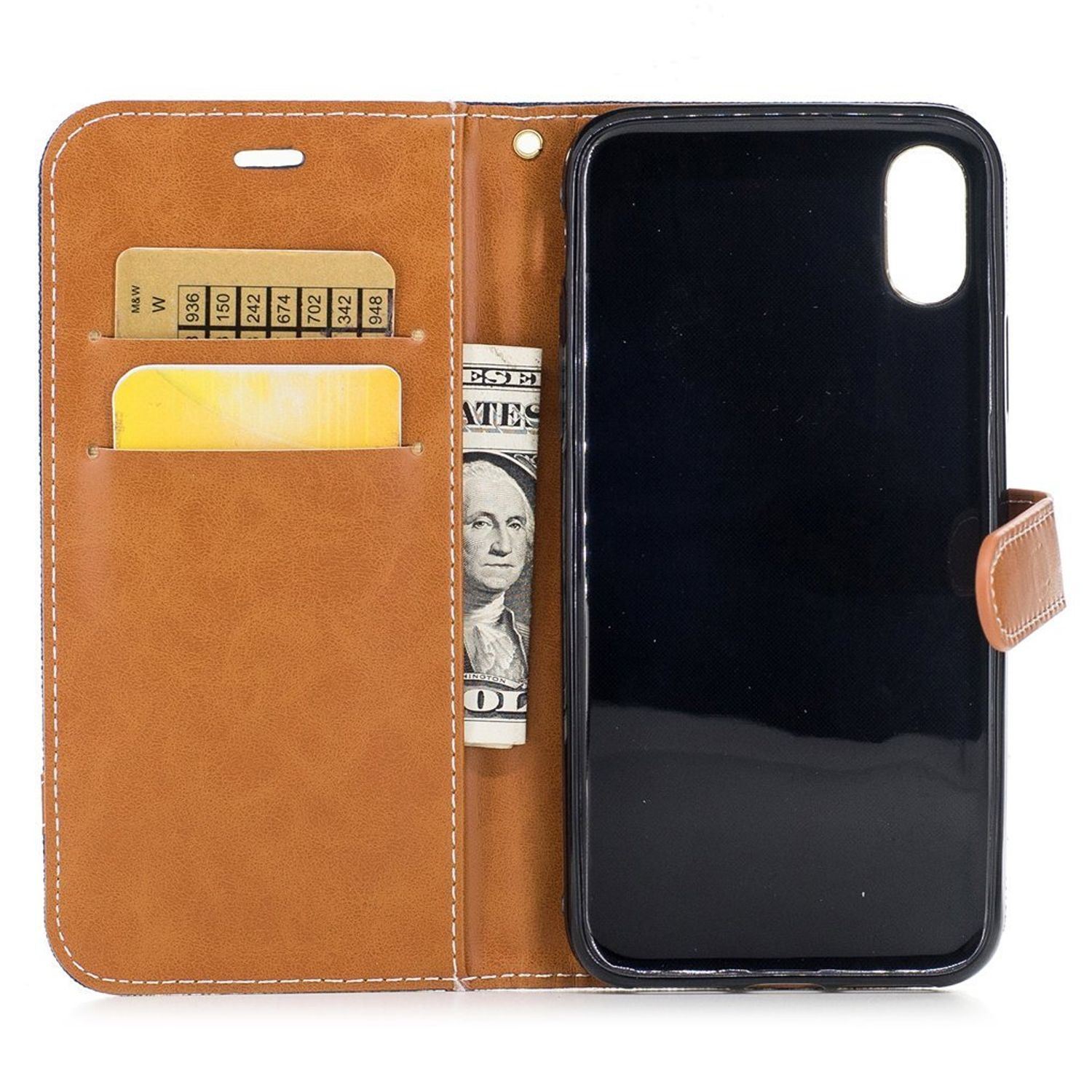 Offene braune Handyhülle mit Telefon und Karten. US-Dollar-Schein sichtbar. Schwarze Handyhülle.