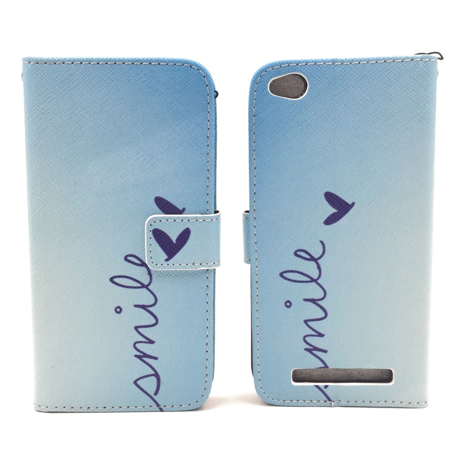 Blaue Handyhülle mit Ombre-Effekt und dem Wort „Lächeln“ mit Herzdetails.