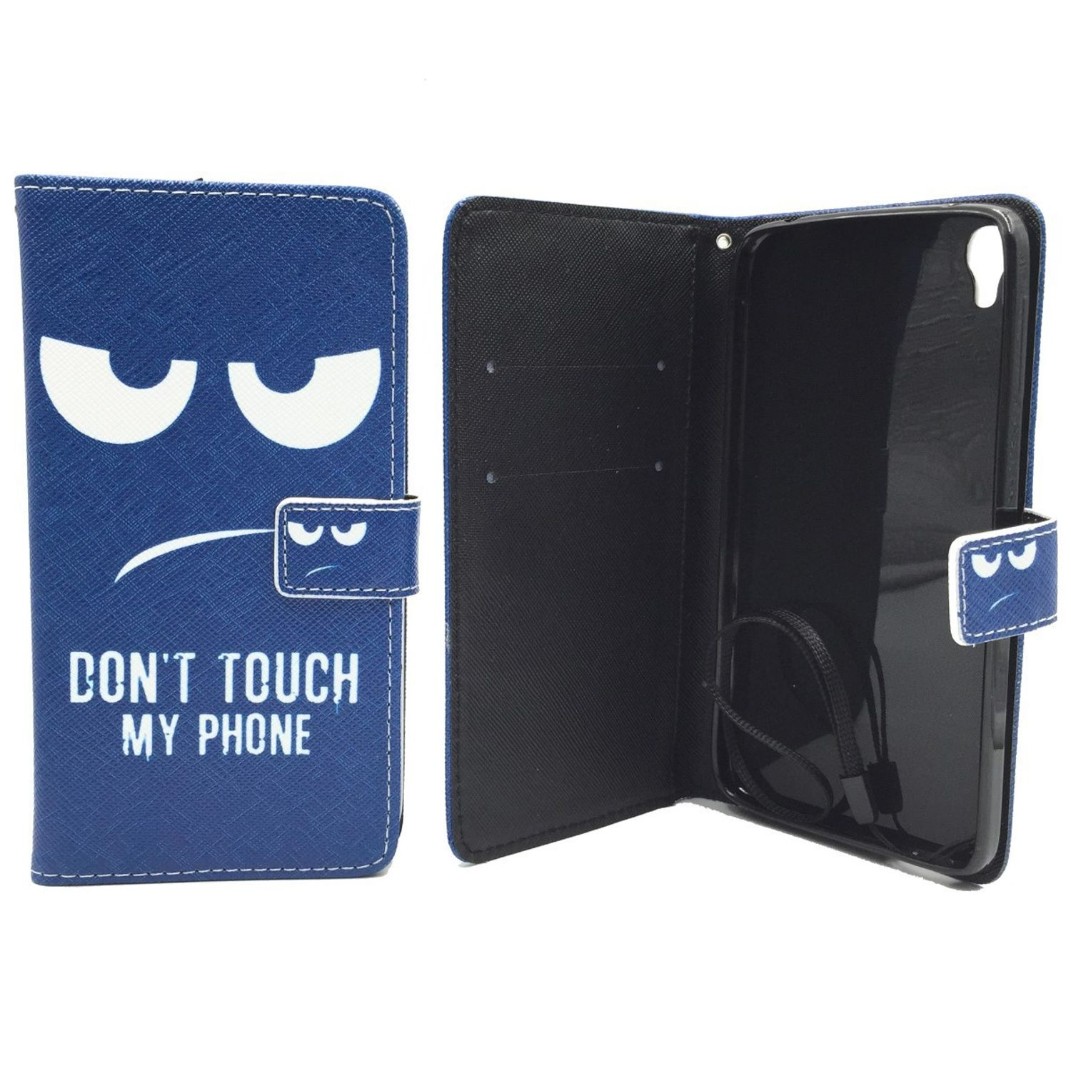 Blaue Handyhülle mit einem Gesicht und dem Text „Don’t Touch My Phone“. Sie ist offen.