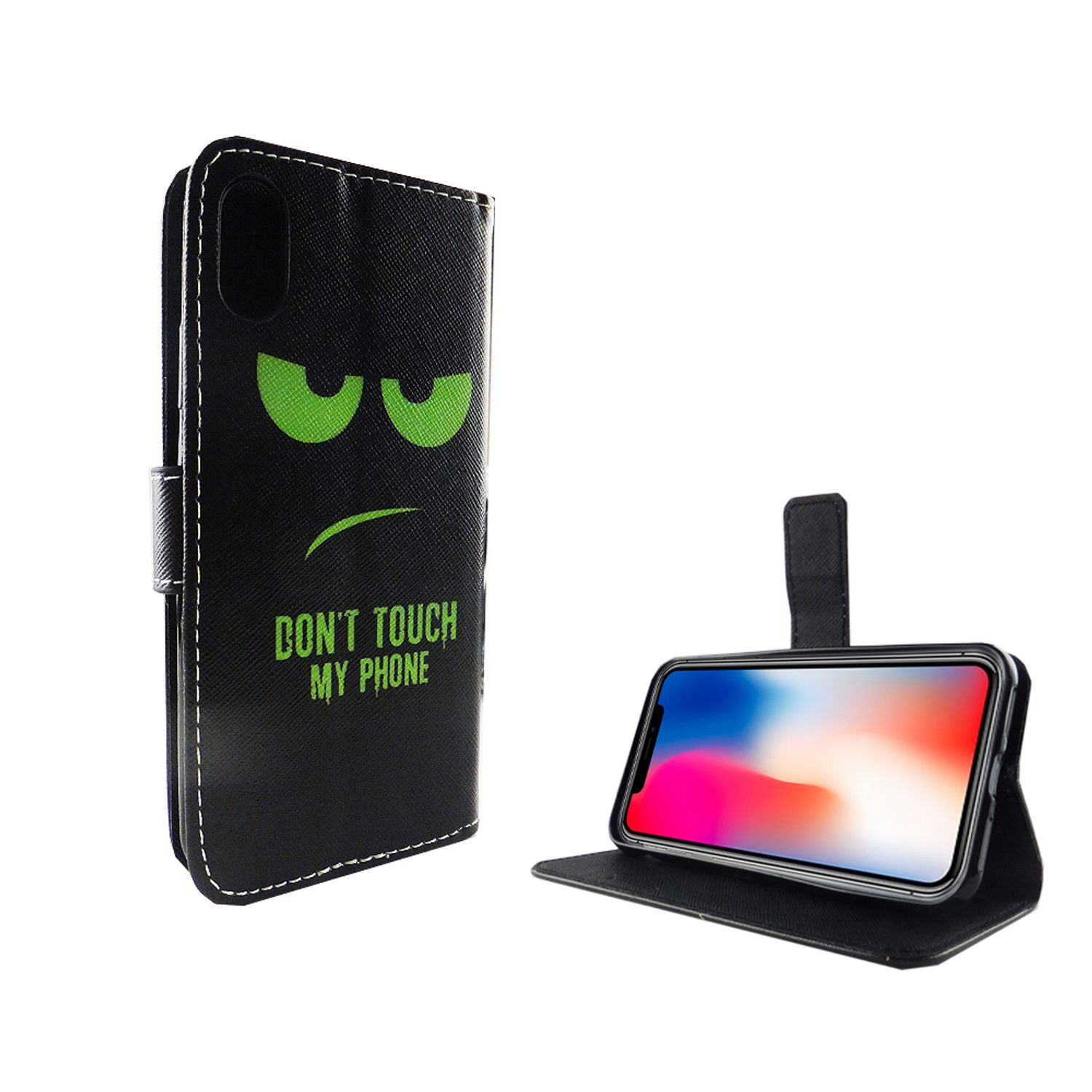 Schwarze Handyhülle, offen, mit grünem, wütenden Gesicht und Text "Don't touch my phone".
