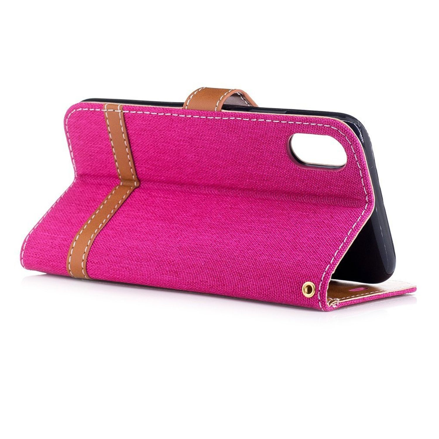 Pinkfarbene Jeans-Handyhülle, offen, mit Telefon. Braune Lederstreifen und weiße Nähte.