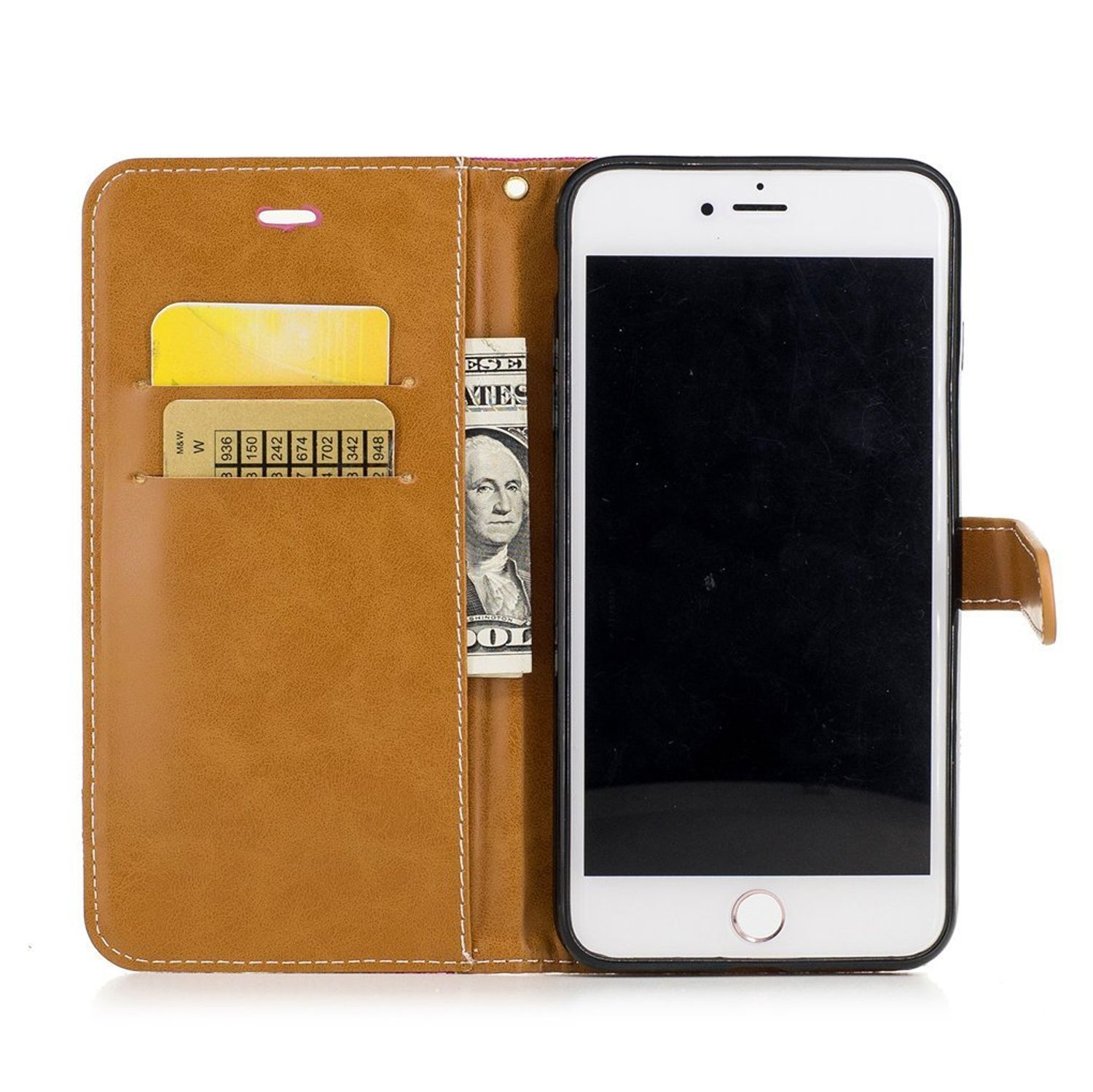 Geöffnete Handyhülle mit Telefon, Karten und Geld darin. Weißer Hintergrund.