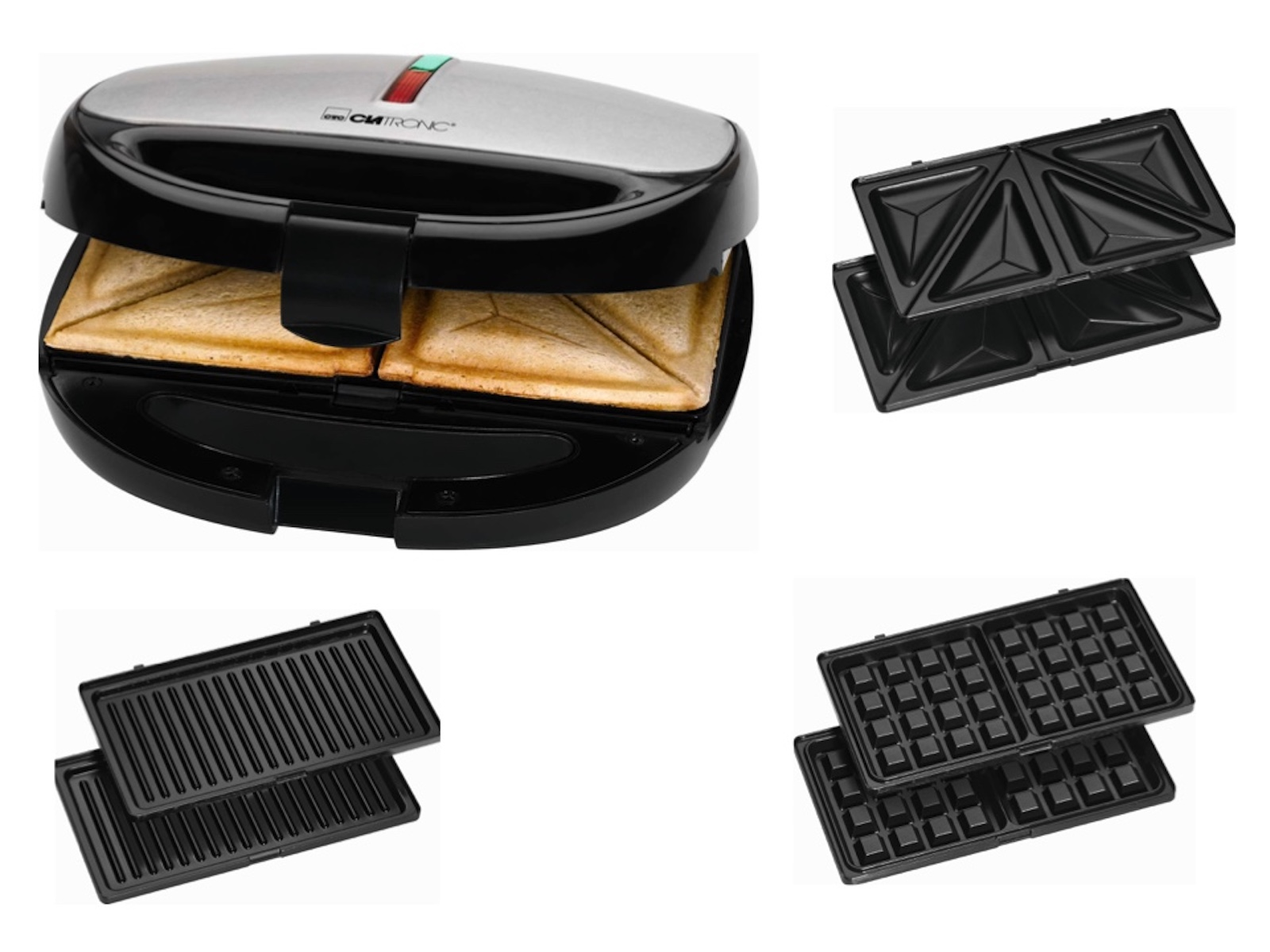 Clatronic Stwa 3670 sandwichera 3 en 1 placas intercambiables tostadora gofrera belgas plancha para carne y pescados 800 negroinox panini grillplancha bandejas 800w