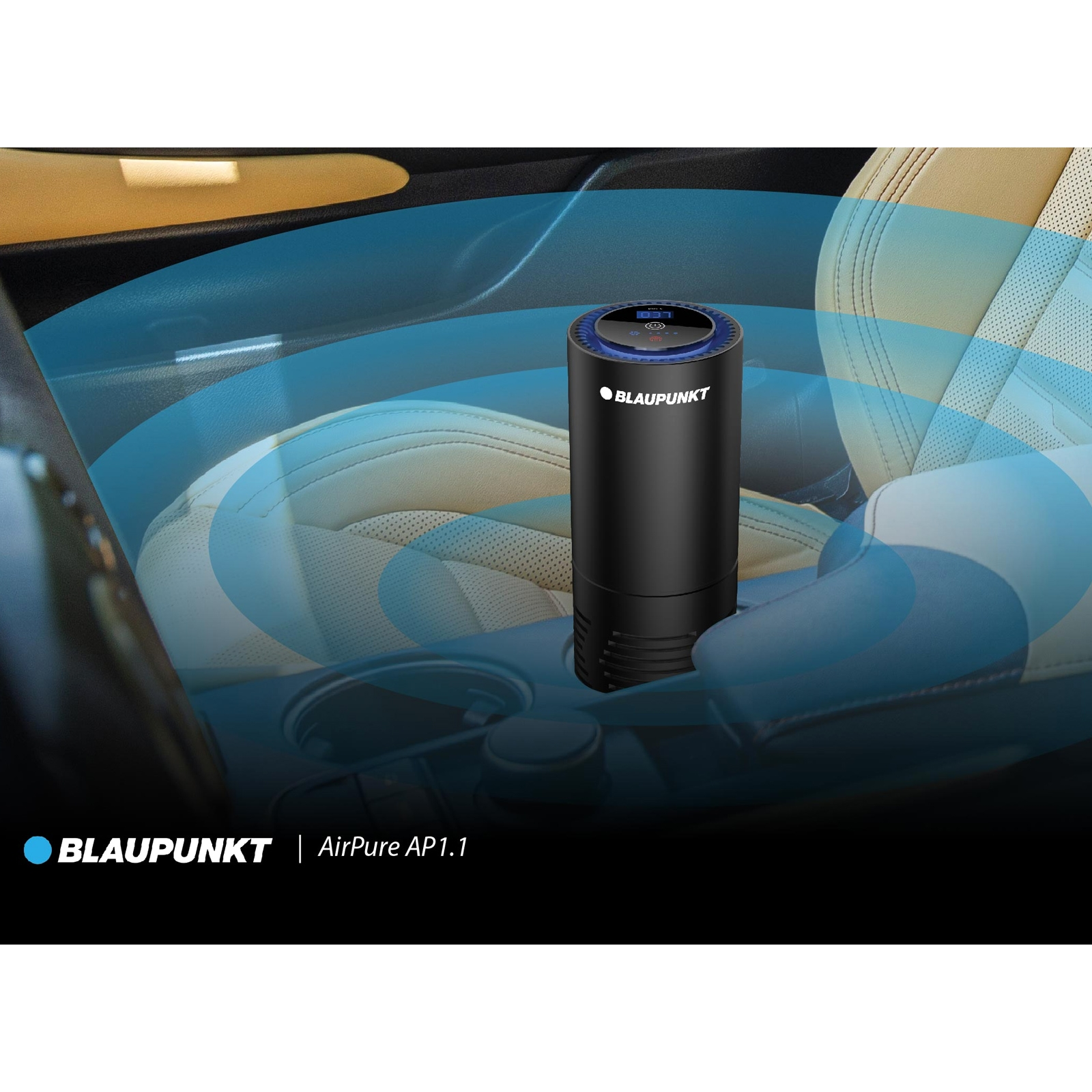 Ein schwarzer Blaupunkt AirPure AP1.1 Luftreiniger in einem Auto mit blauen Luftstromkreisen.