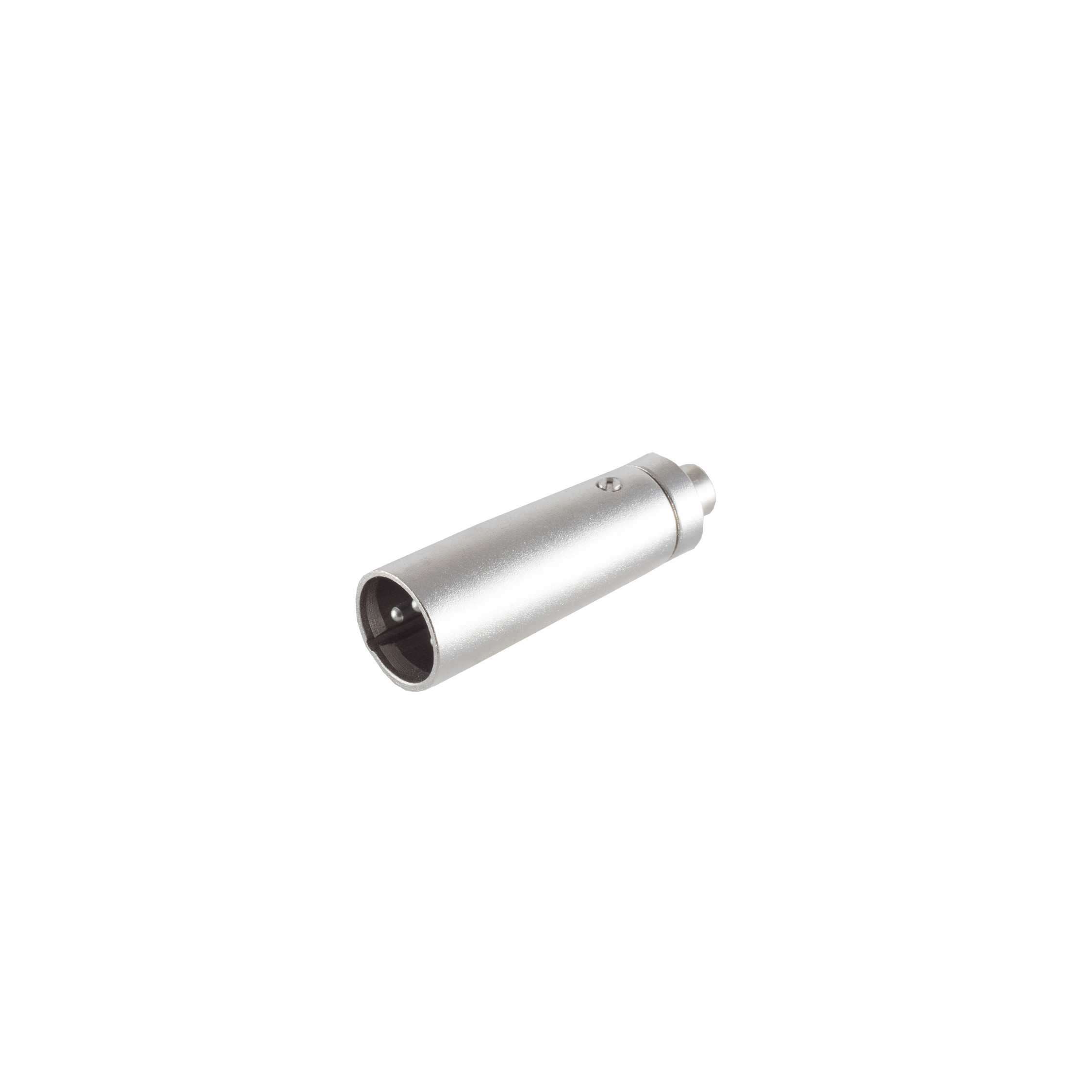 Ein kleiner silberner Metallverbinder. Er hat eine zylindrische Form mit einem Loch an einem Ende.