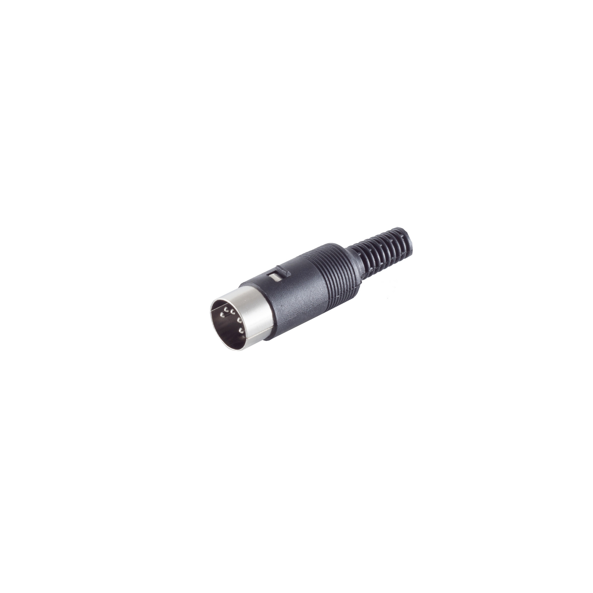 Schwarzer Stecker mit Steckerende und geripptem Griff. Isoliert auf weißem Hintergrund.