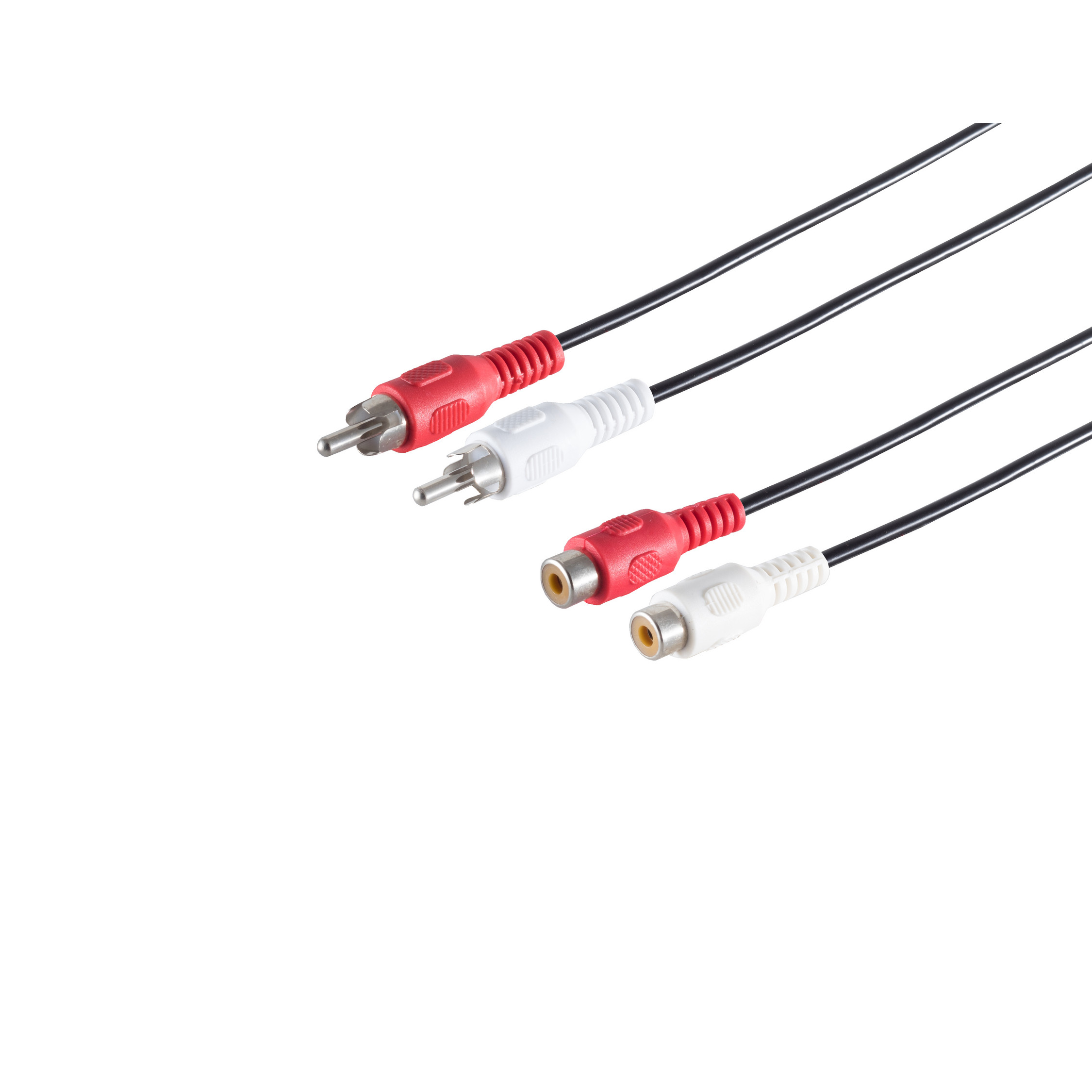 Drei Audiokabel mit roten und weißen Anschlüssen. Weißer Hintergrund.