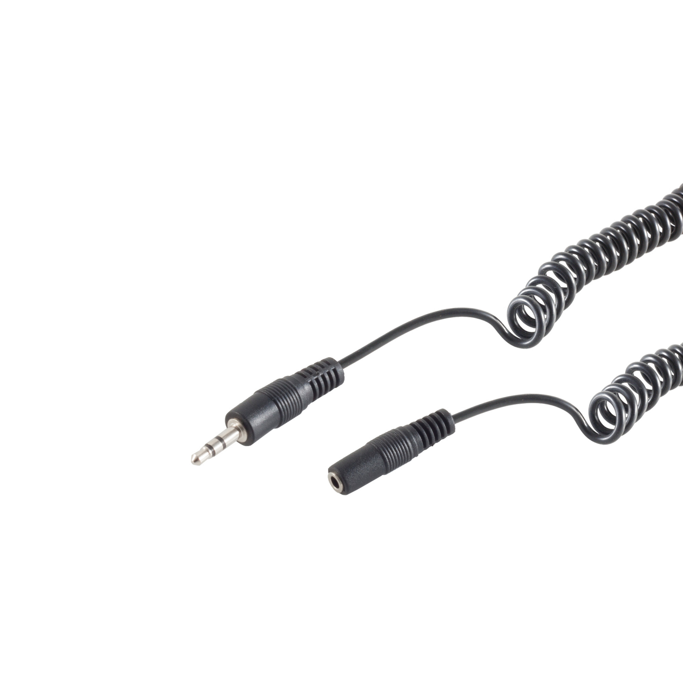 Schwarzes, gewendeltes Audiokabel mit 3,5-mm-Klinke und Buchse auf weißem Hintergrund.