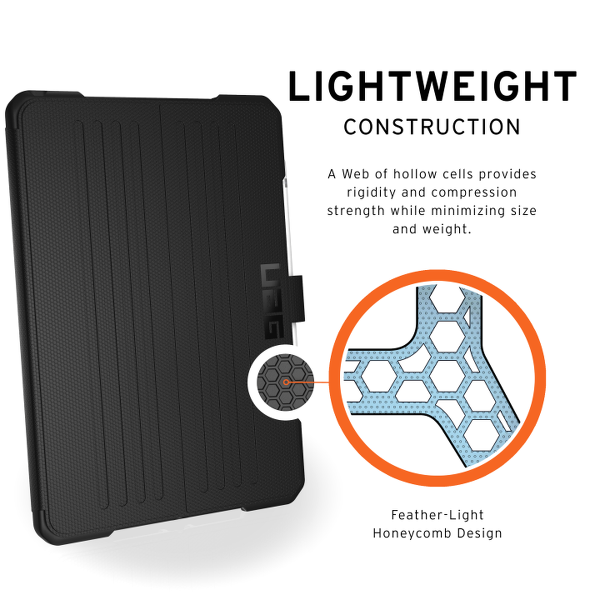 Funda negra para tableta con diseño de panal y texto: Construcción ligera.