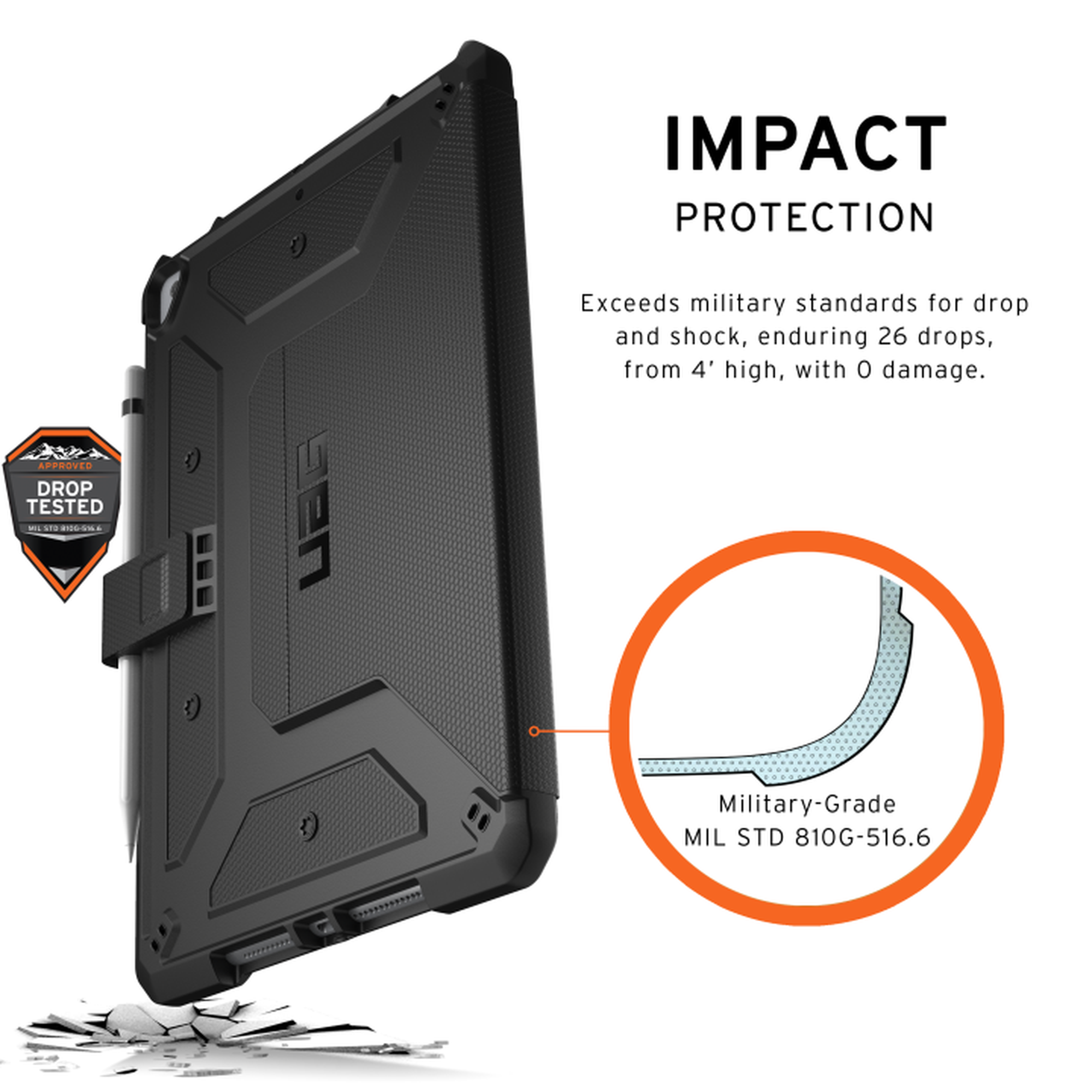 Funda negra para tablet con diseño resistente y soporte para bolígrafo. Texto: 'Impact Protection'.