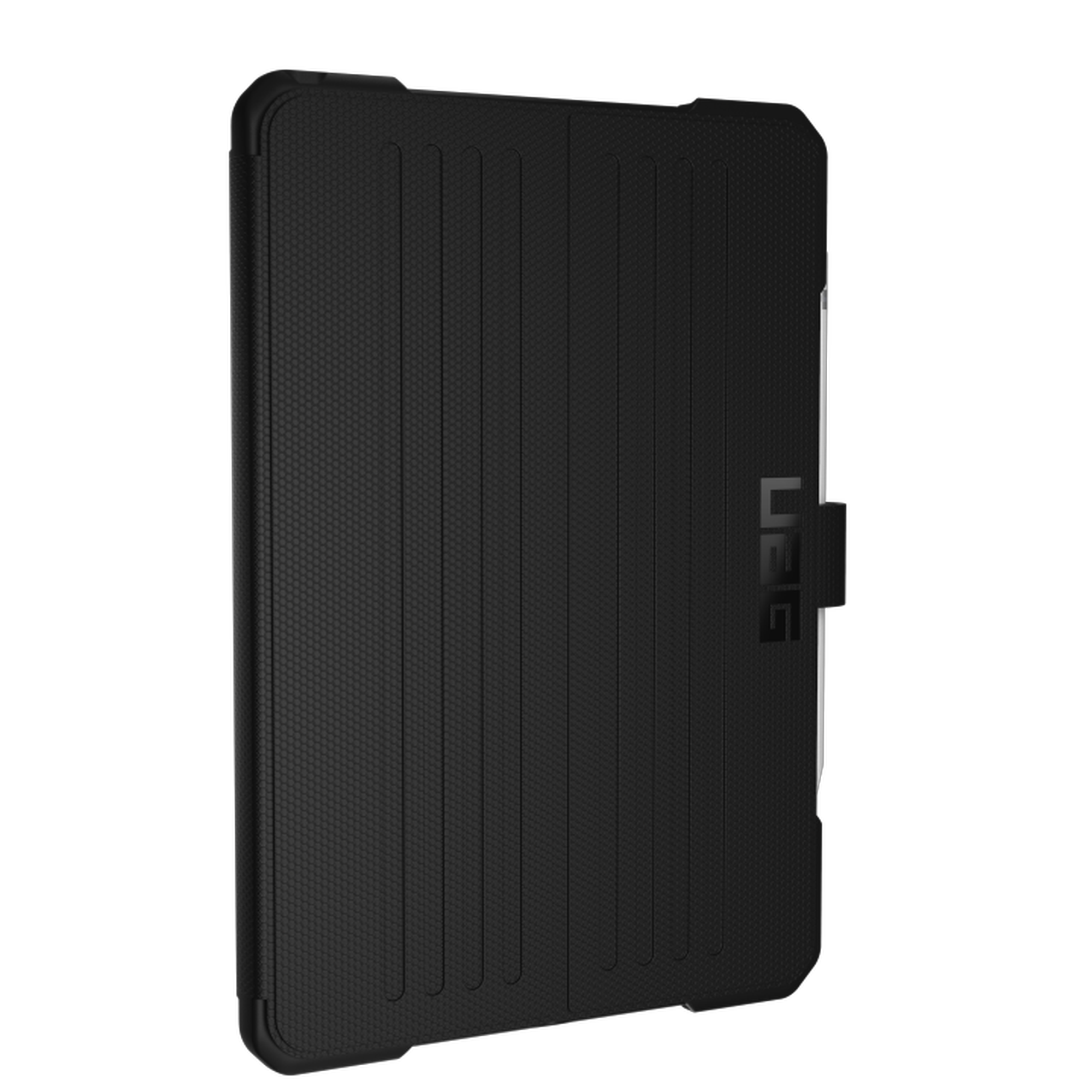 Funda negra para tableta con superficie texturizada y logo UAG. La funda está cerrada sobre un fondo negro.
