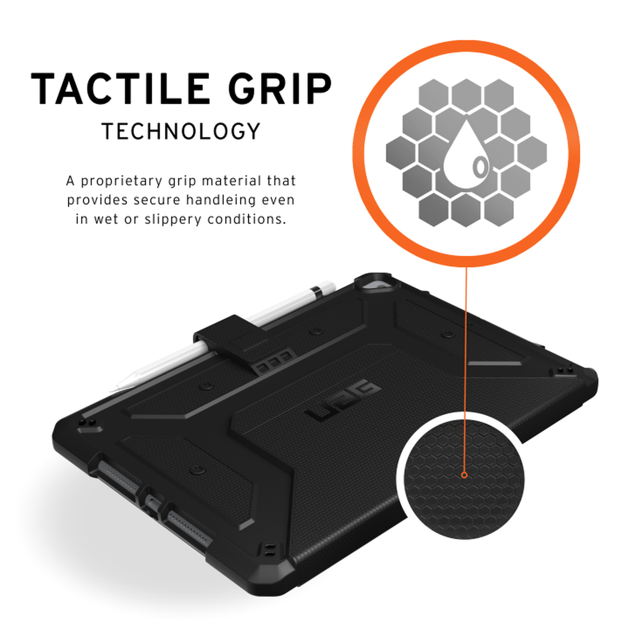 Una funda negra para una tableta. La imagen muestra la 'tecnología de agarre táctil' y el interior.