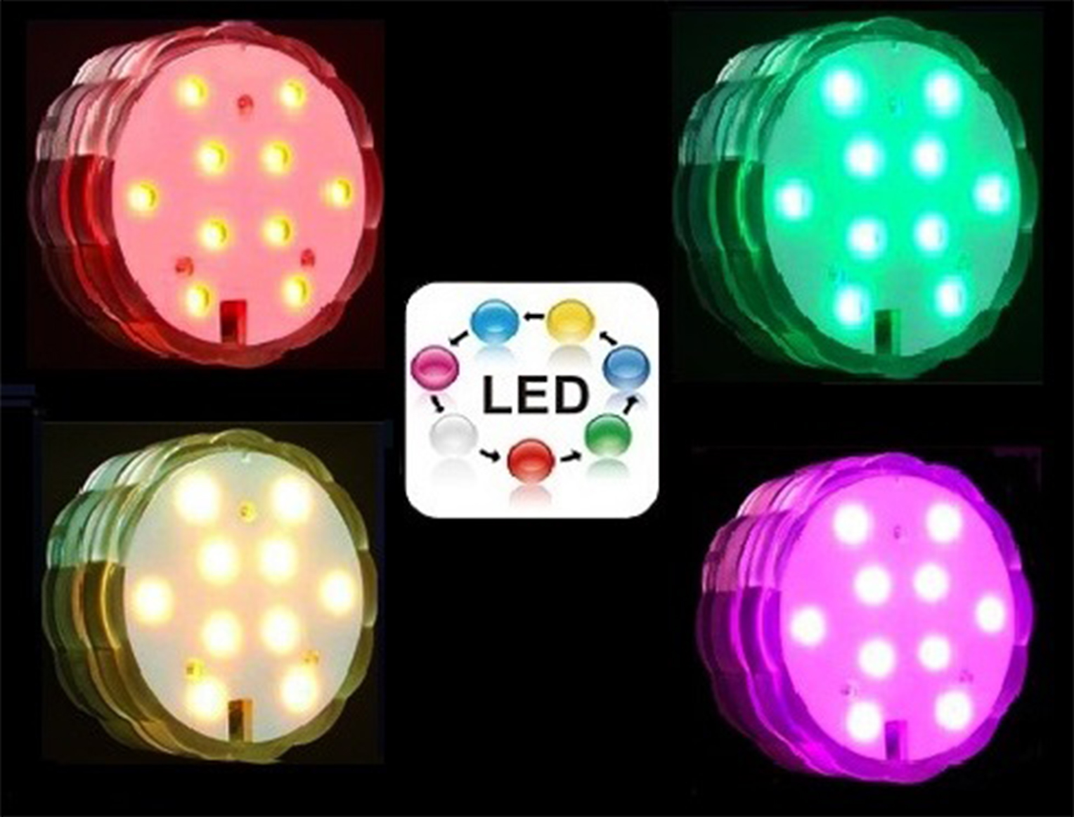 LED-Leuchten, verschiedene Farben: rot, grün, gelb, lila. Eine zentrale Grafik zeigt einen Farbzyklus.