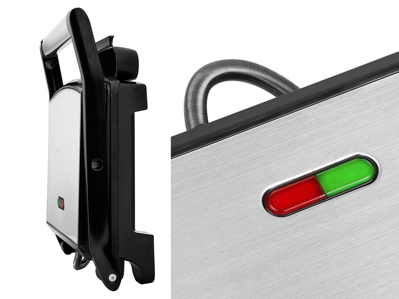 Silver and black sandwich maker, closed. Red/green light indicators are visible.