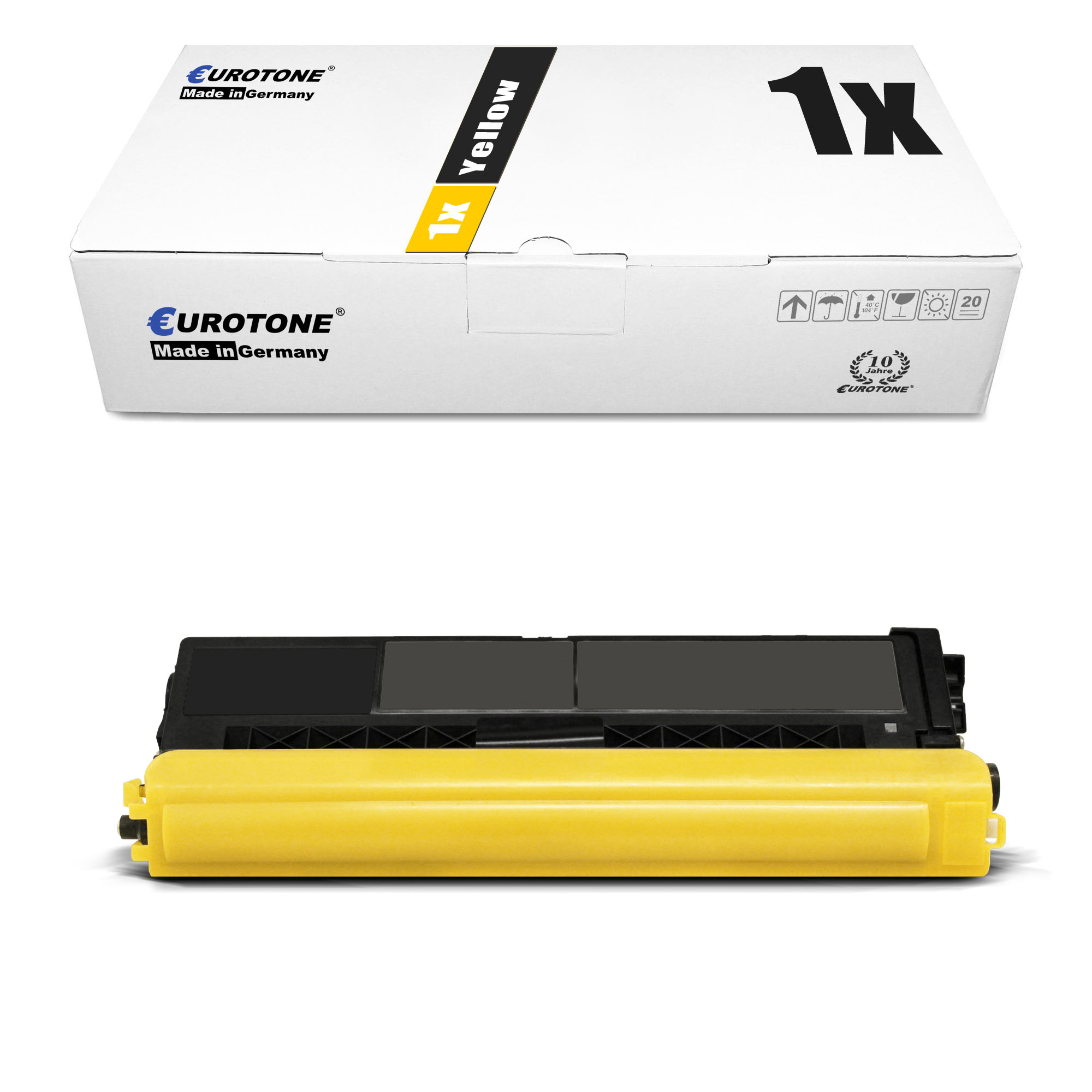 Eine gelbe Tonerkartusche und -box. Auf der Box steht 'Yellow XL' und 'Eurotone'. Die Patrone ist gelb.