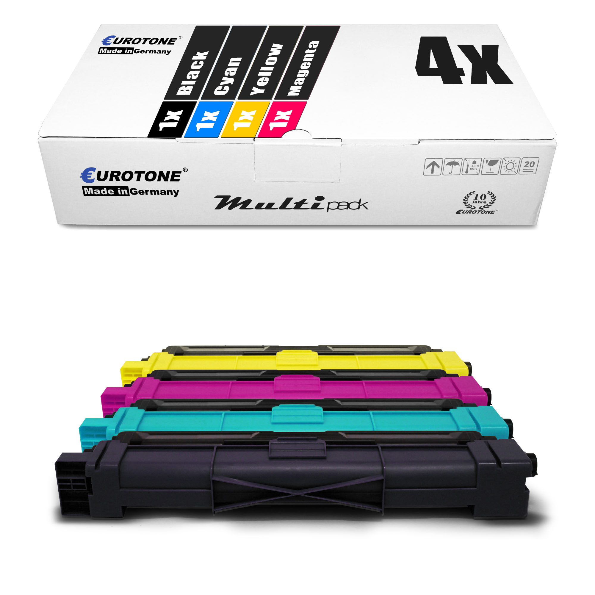 Ein Multipack mit Tonerkartuschen mit einer Box. Die Patronen sind schwarz, cyan, gelb und magenta.