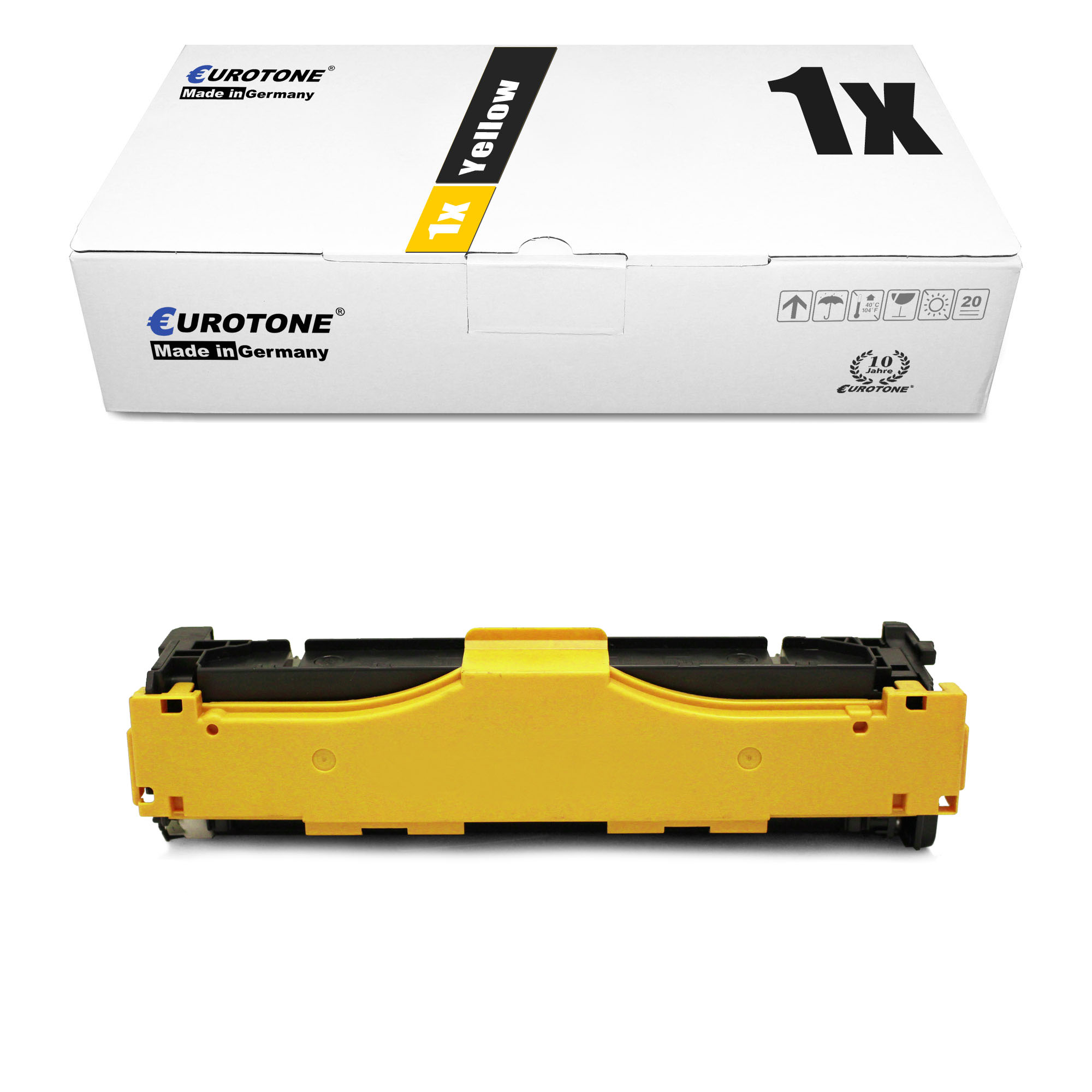 Eine gelbe Tonerkartusche und -box. Auf der Box steht 'Yellow XL' und 'Eurotone'. Die Patrone ist gelb.