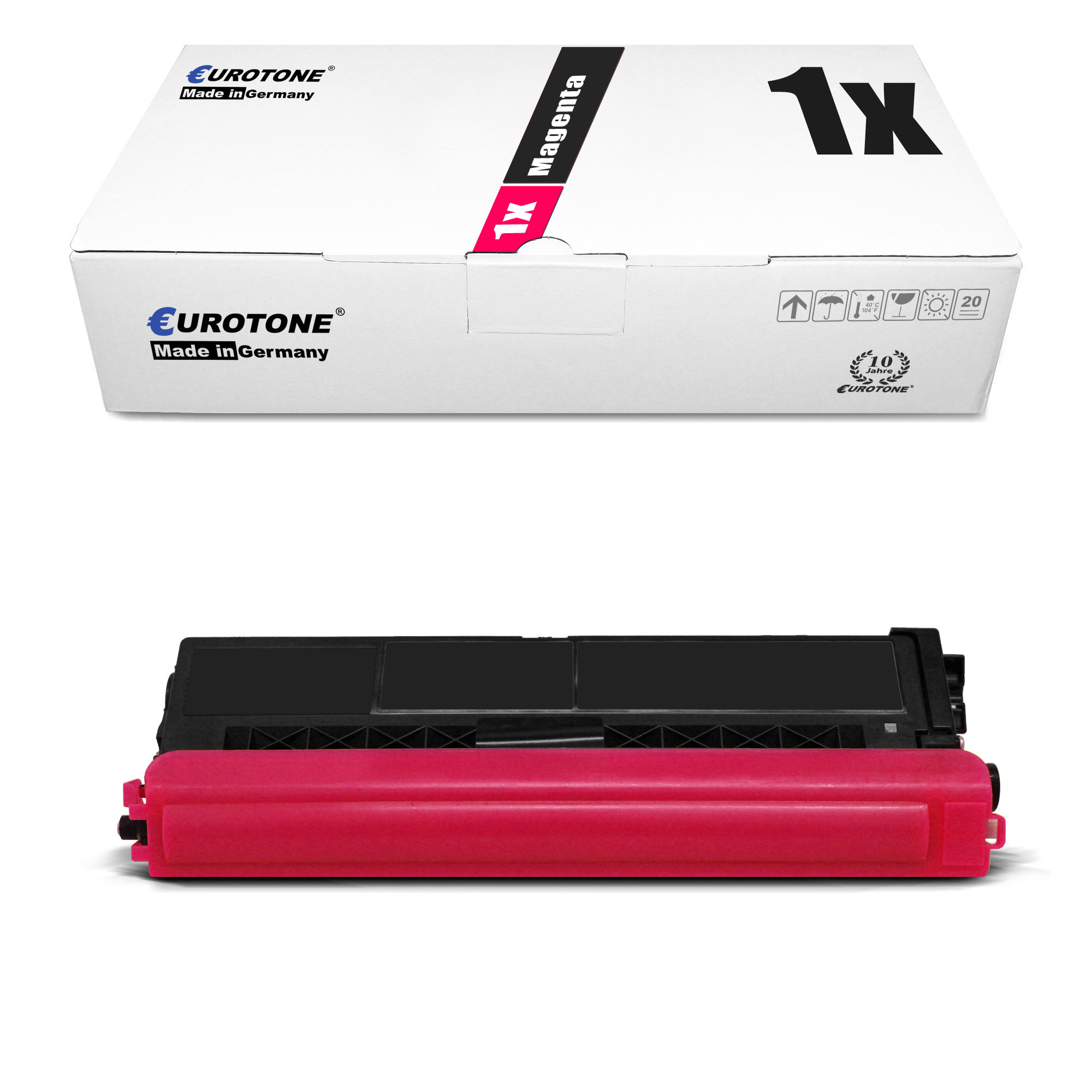 Magenta-Tonerkartusche mit weißer Box. Auf der Box steht "Magenta" und "Made in Germany".