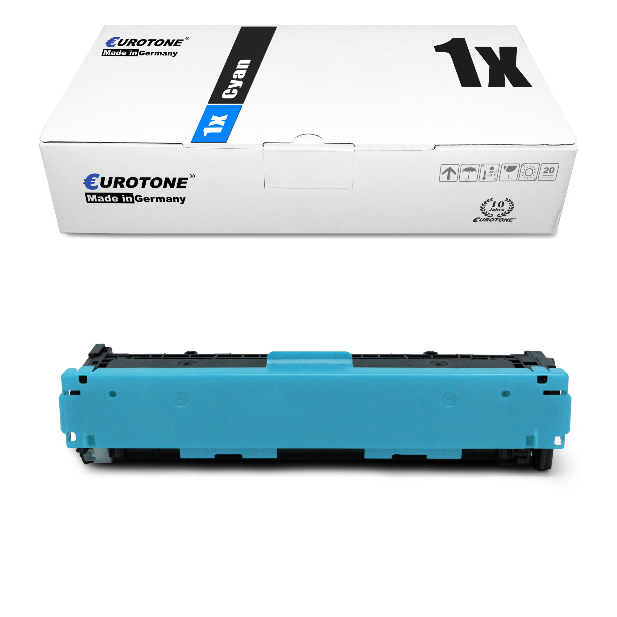 Cyan-Druckpatrone mit weißem Karton. Hergestellt in Deutschland.