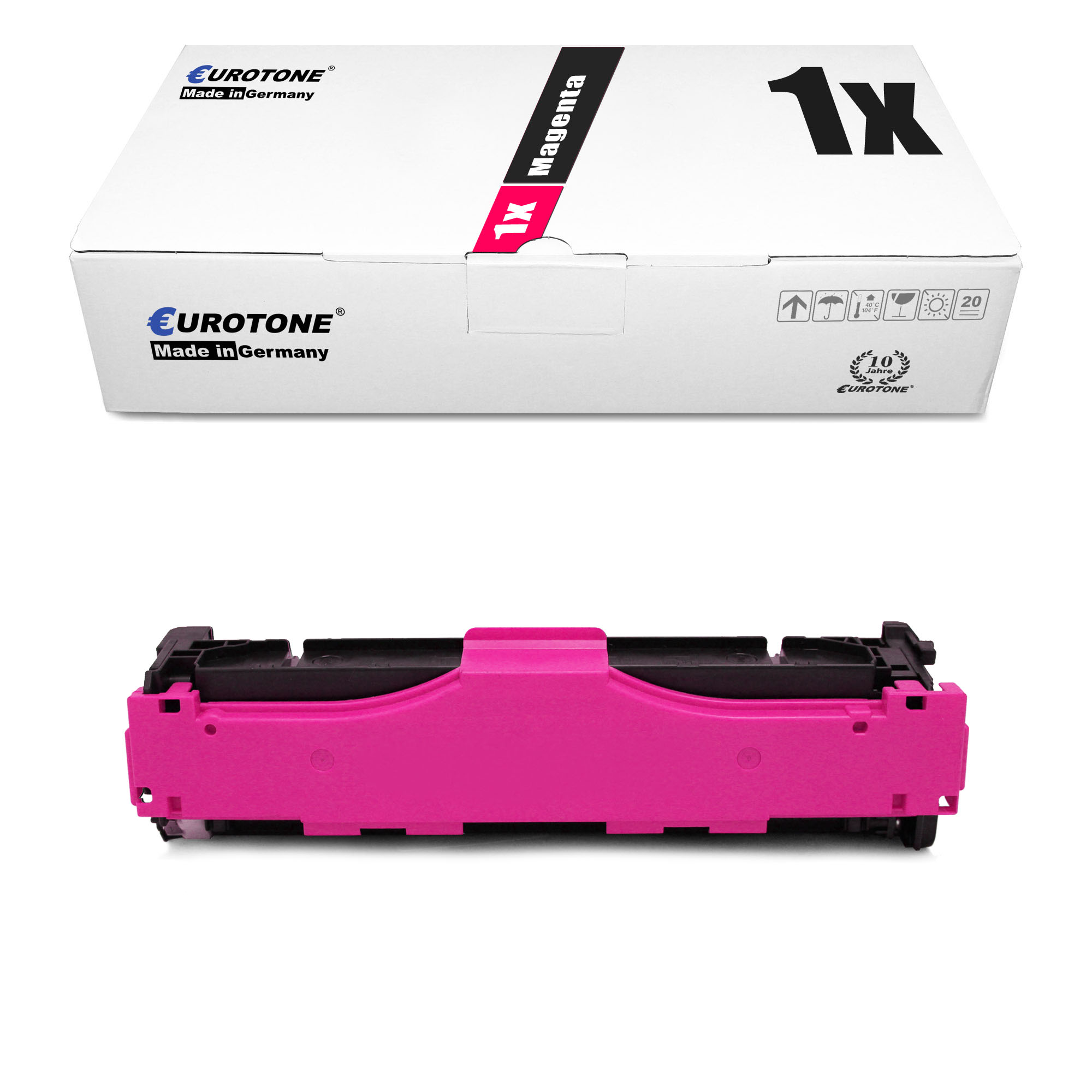 Eine magentafarbene Tonerkartusche und -box. Auf der Box steht 'Magenta XL' und 'Eurotone'. Die Patrone ist magenta.