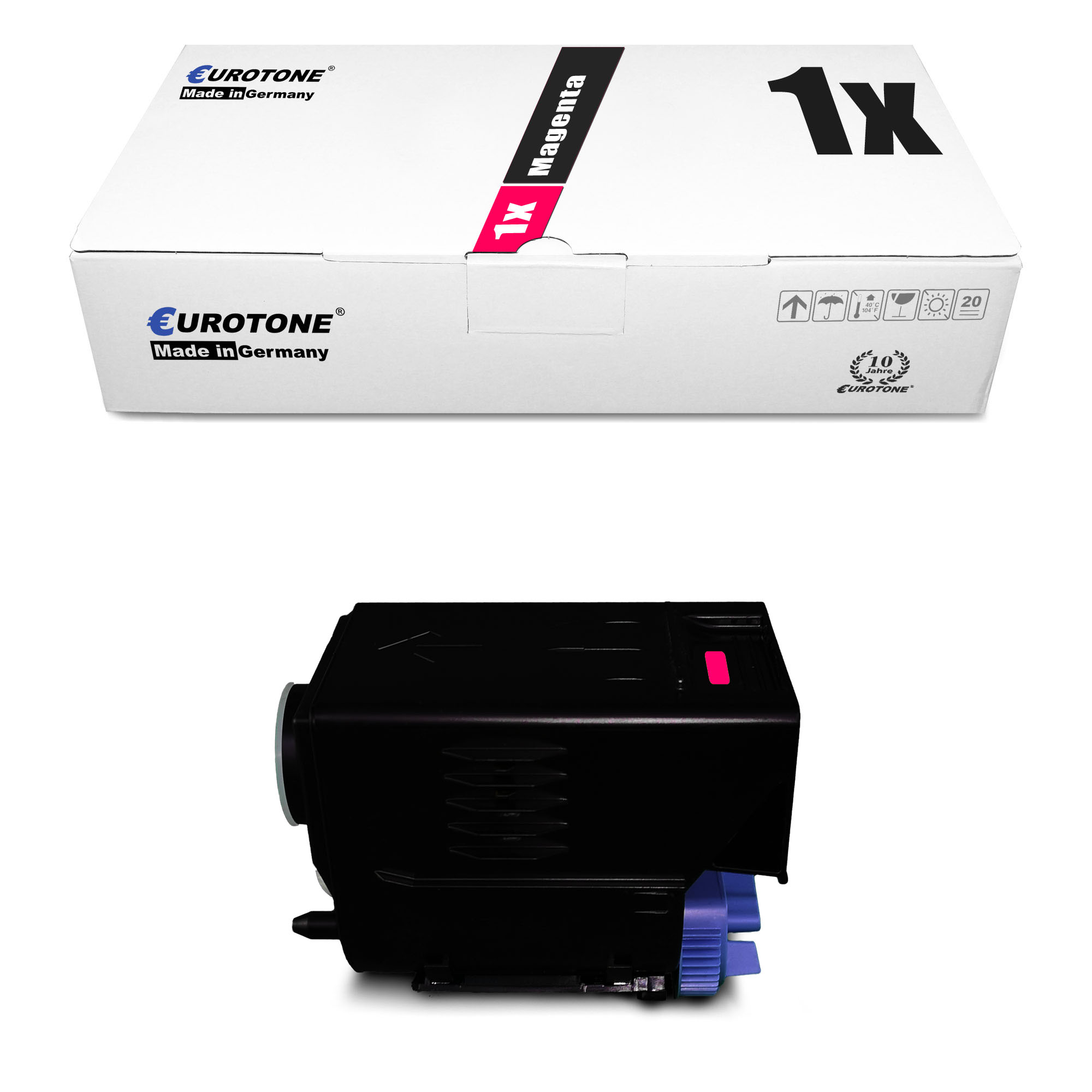 Tonerkartuschenbox und Kartusche. Box ist weiß mit schwarzem Text. Kartusche ist schwarz. Weißer Hintergrund.