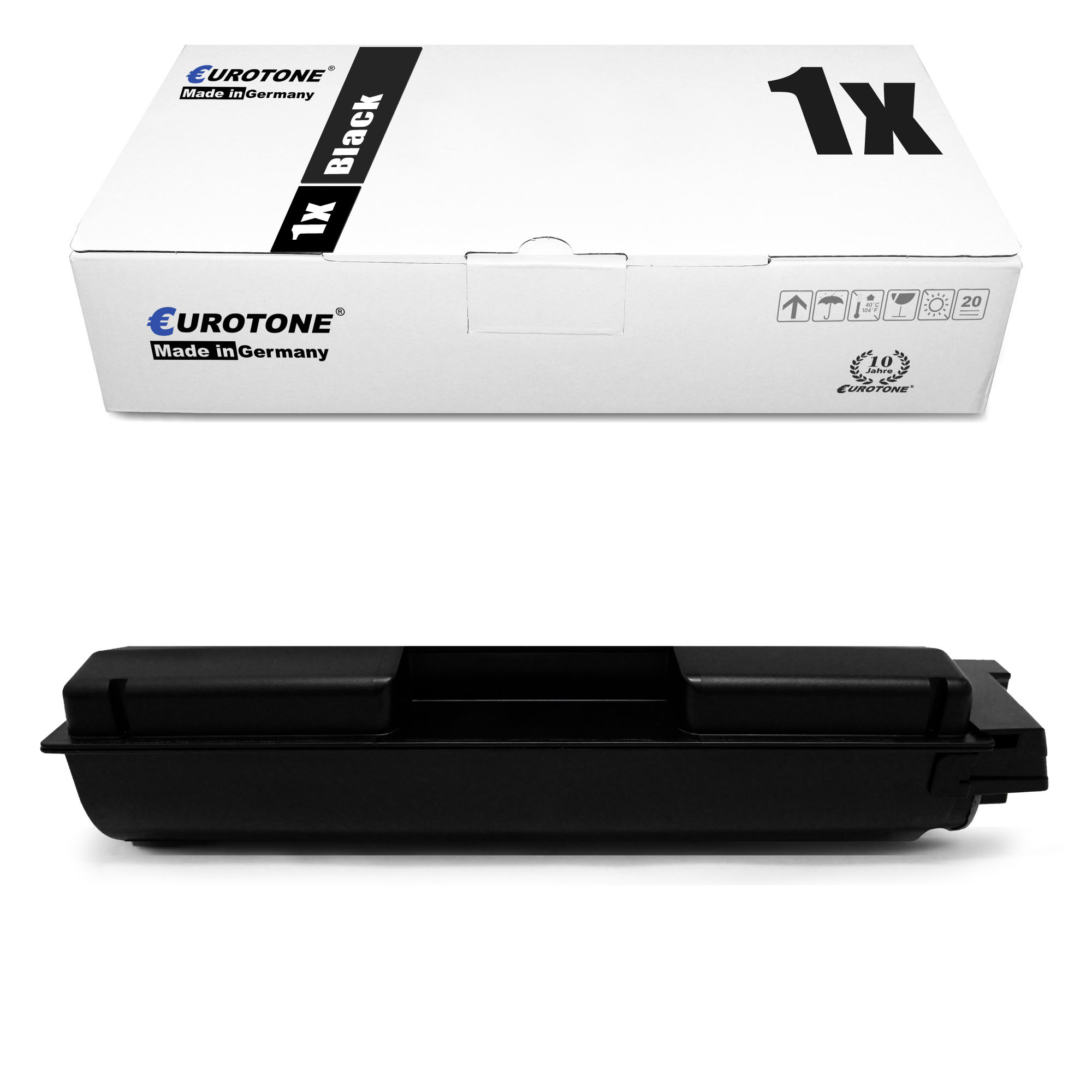 Schwarze Druckertonerpatrone und eine weiße Box mit Eurotone-Logo und Markierungen.